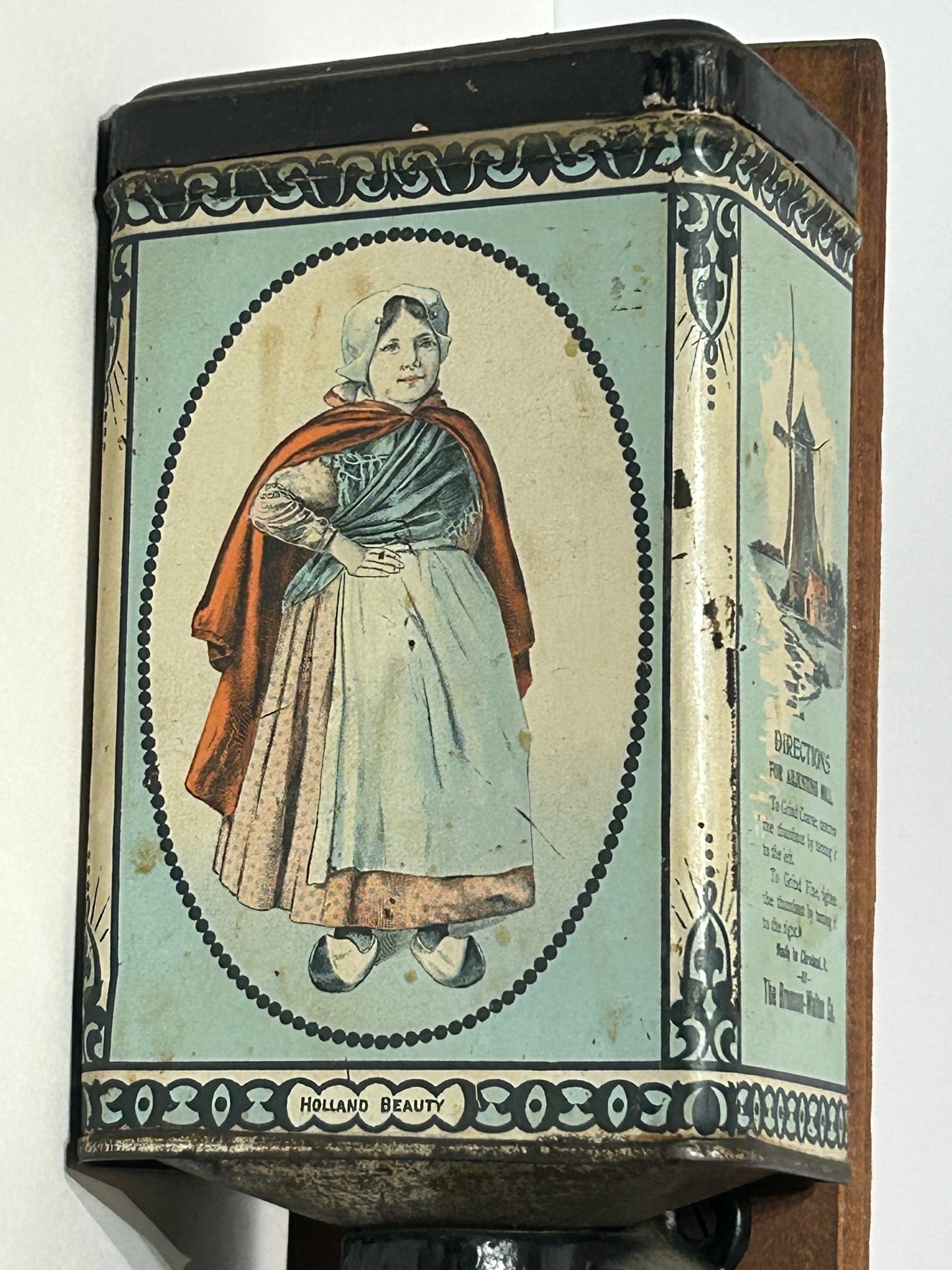 ANTIQUE BRONSON WALTON CO. WALL COFFEE GRINDER WITH WOMAN IMAGE