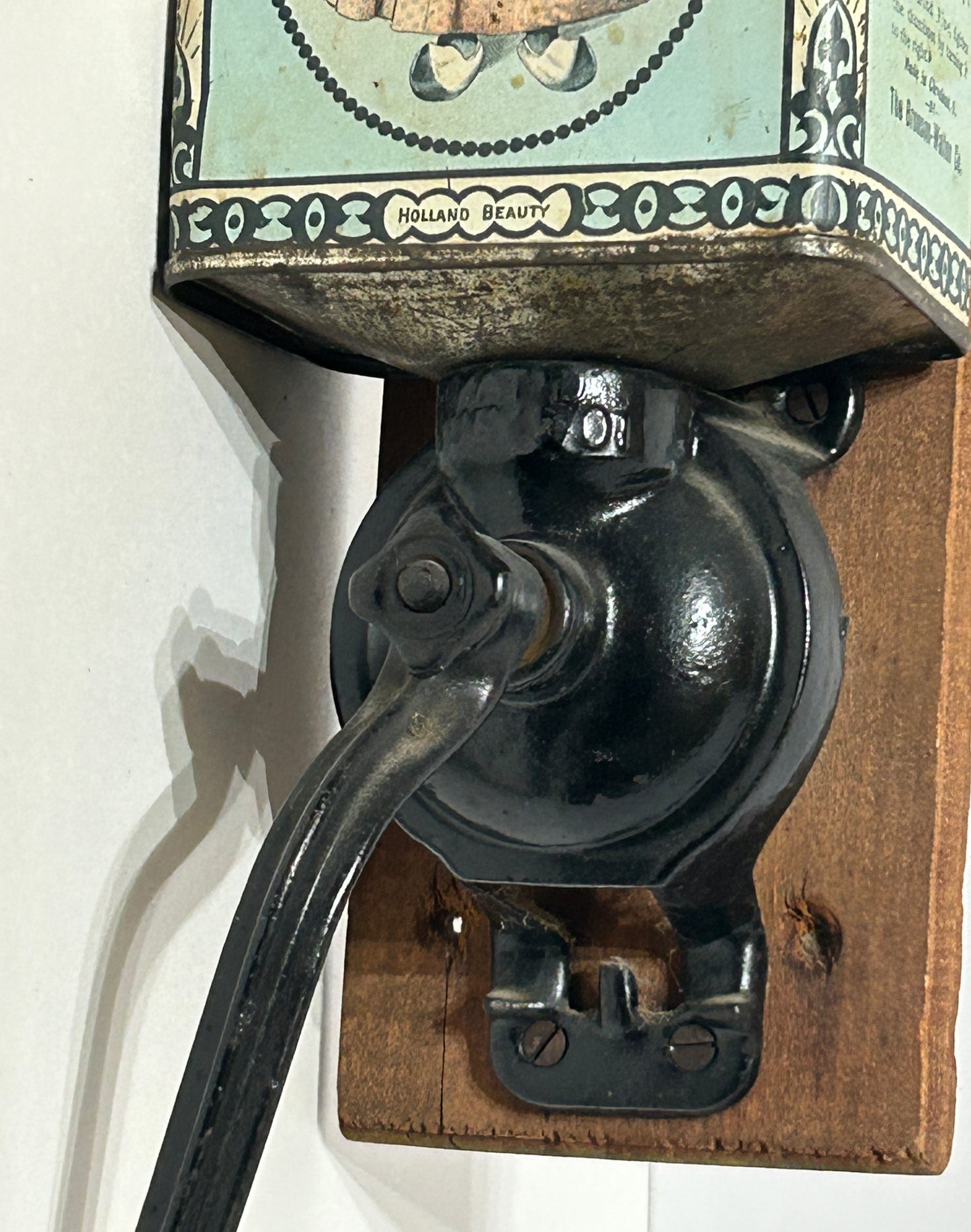 ANTIQUE BRONSON WALTON CO. WALL COFFEE GRINDER WITH WOMAN IMAGE