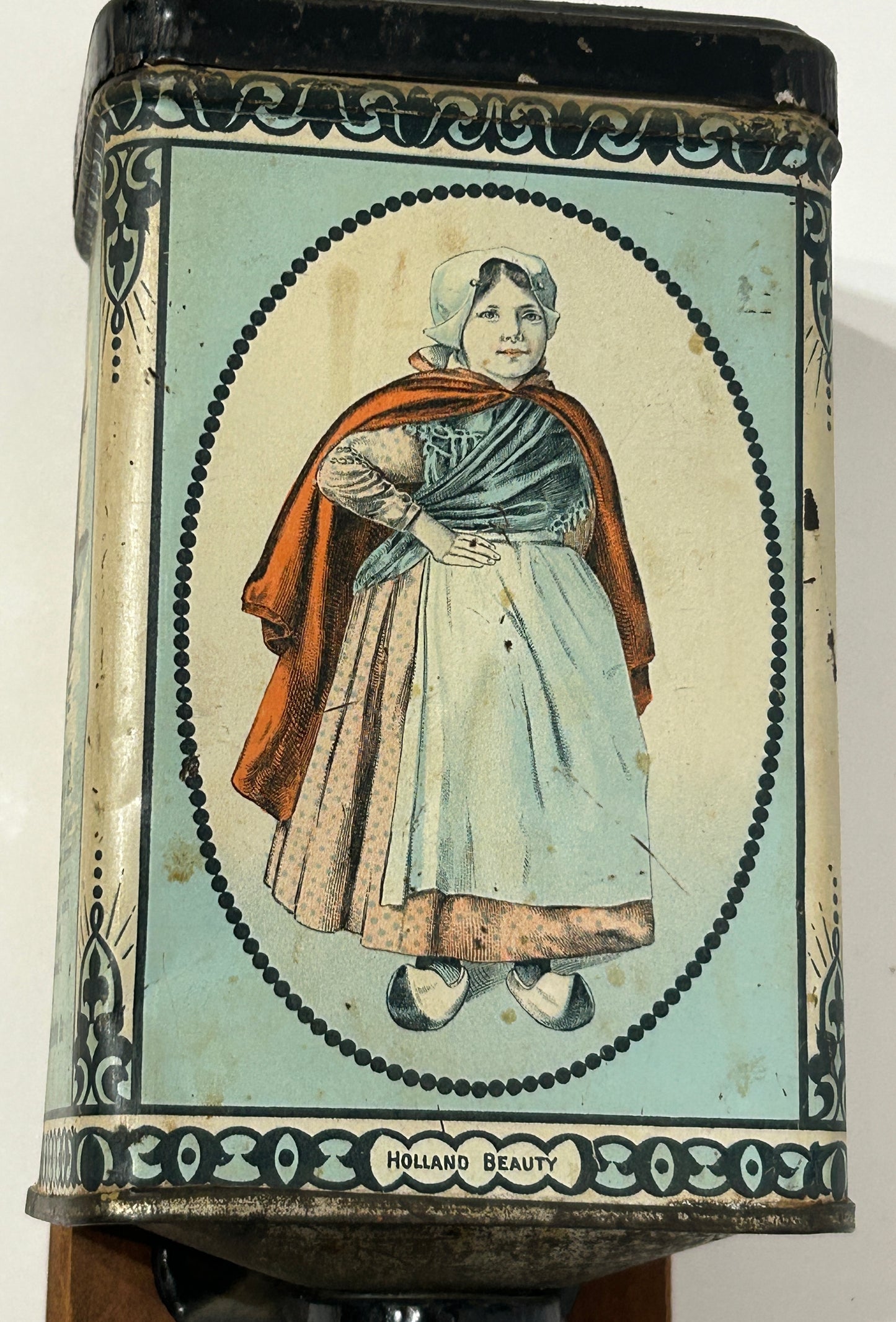 ANTIQUE BRONSON WALTON CO. WALL COFFEE GRINDER WITH WOMAN IMAGE