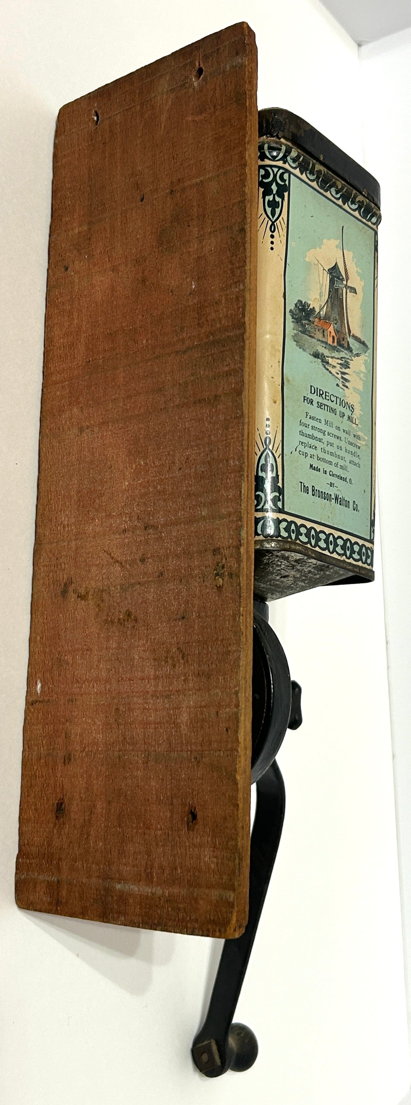ANTIQUE BRONSON WALTON CO. WALL COFFEE GRINDER WITH WOMAN IMAGE