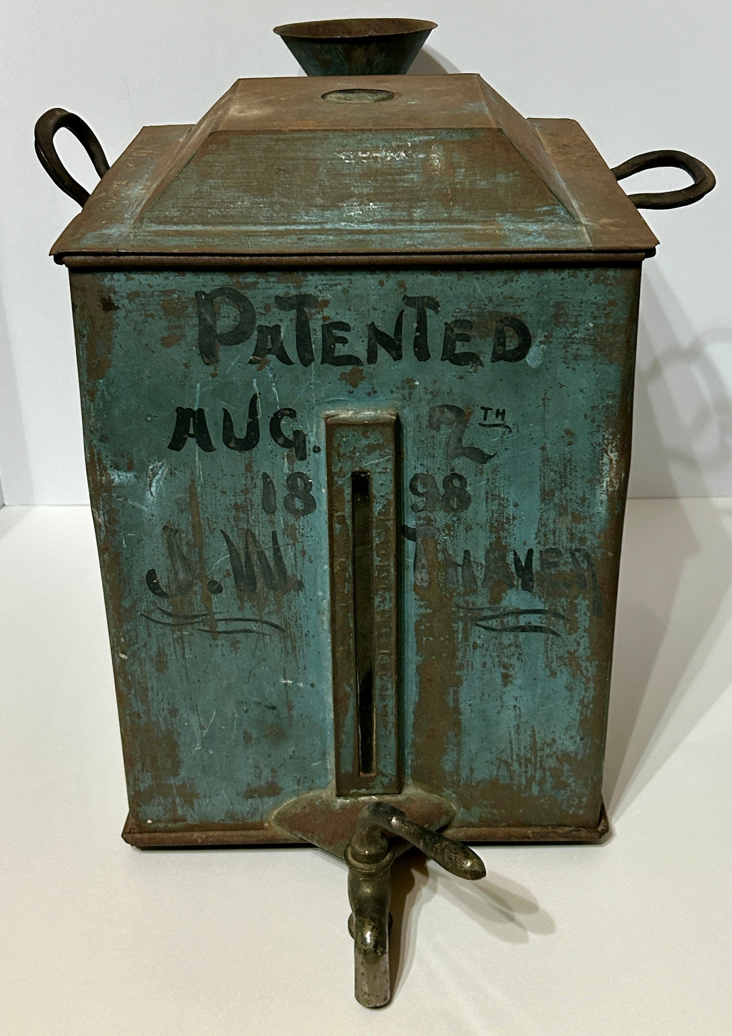 ANTIQUE BLUE PAINTED TIN ADVERTISING KEROSENE DISPENSER