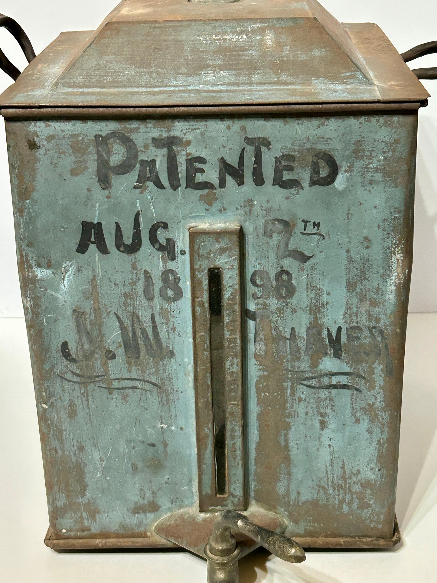 ANTIQUE BLUE PAINTED TIN ADVERTISING KEROSENE DISPENSER