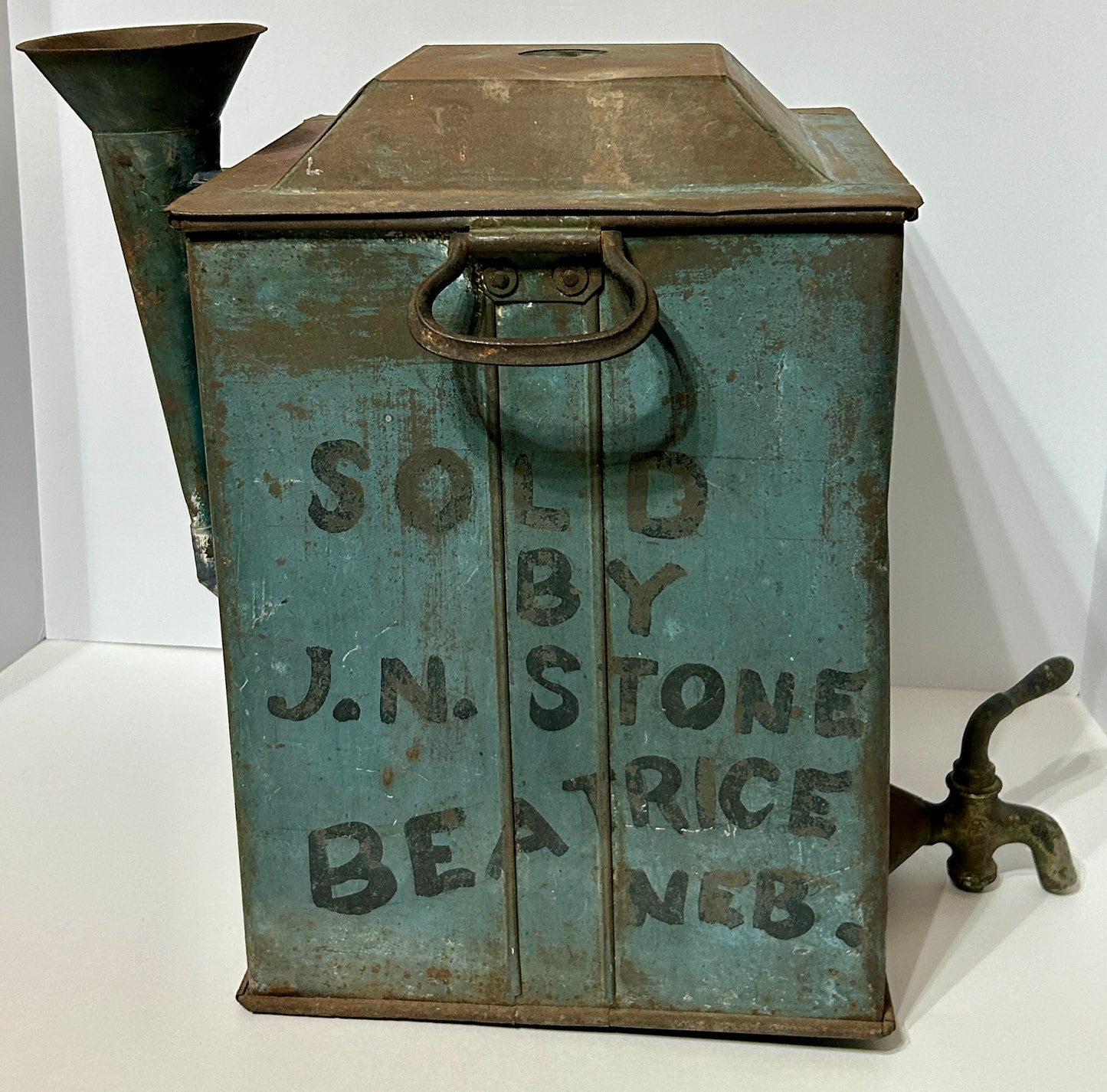 ANTIQUE BLUE PAINTED TIN ADVERTISING KEROSENE DISPENSER