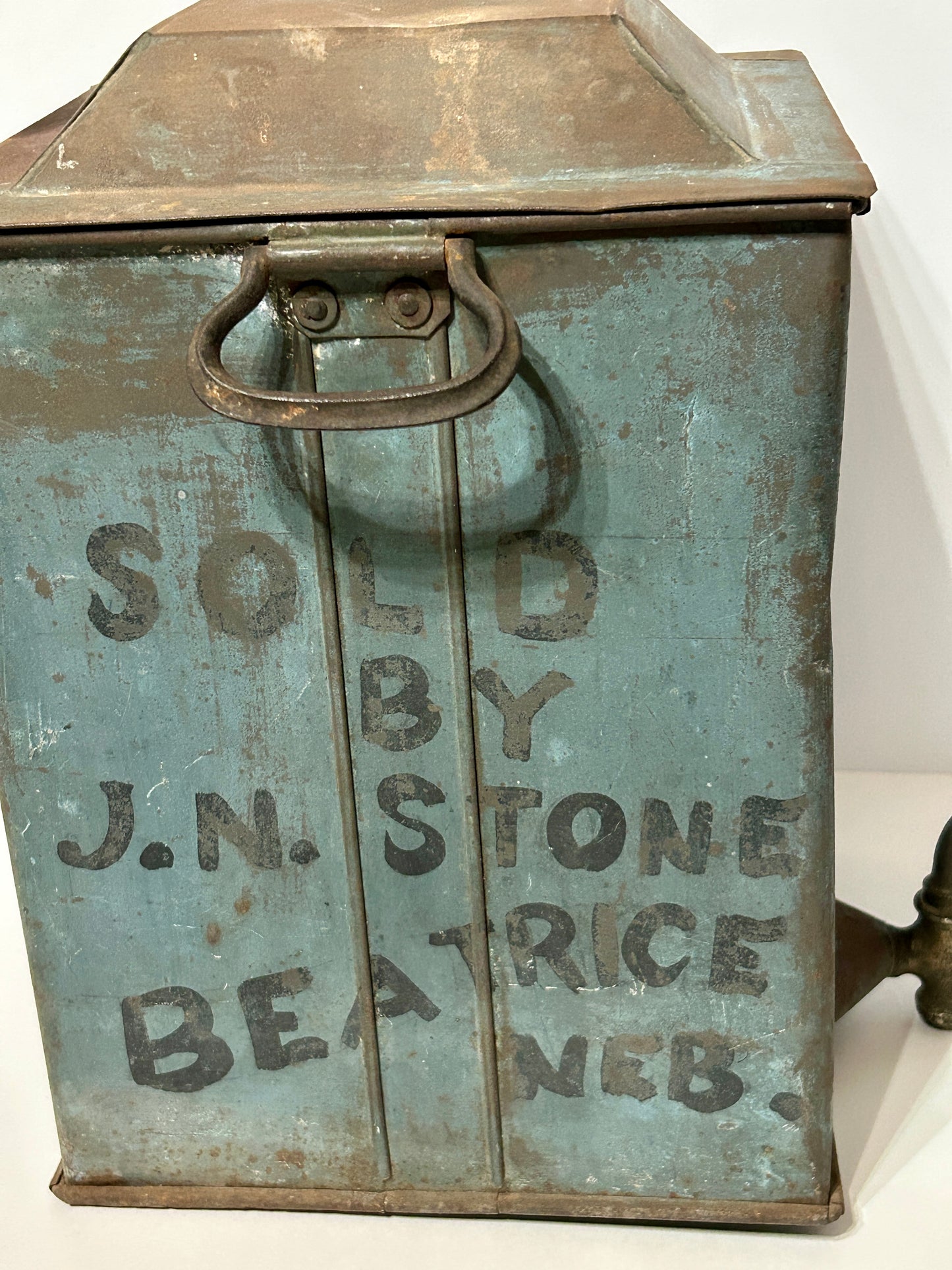 ANTIQUE BLUE PAINTED TIN ADVERTISING KEROSENE DISPENSER