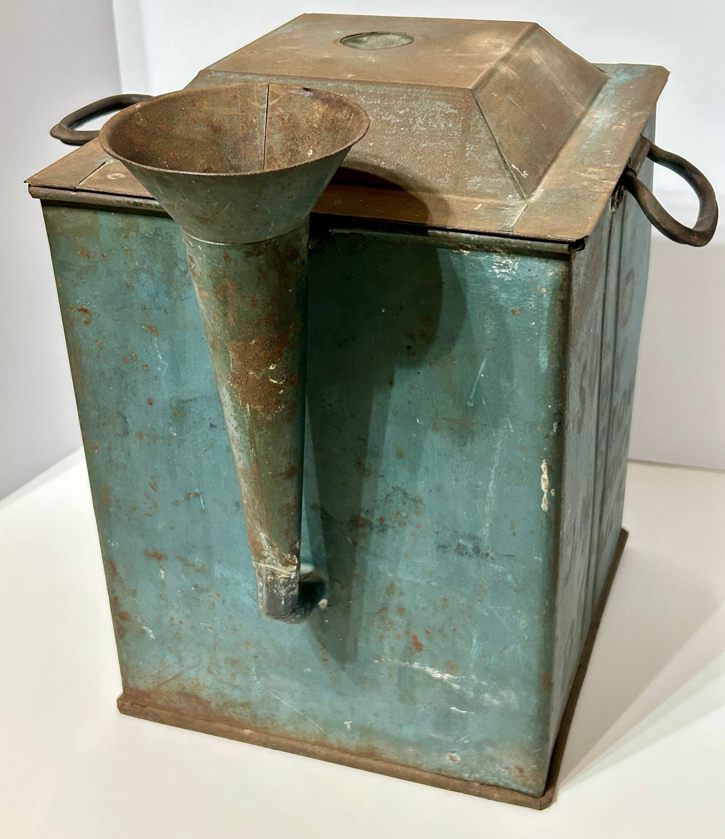 ANTIQUE BLUE PAINTED TIN ADVERTISING KEROSENE DISPENSER