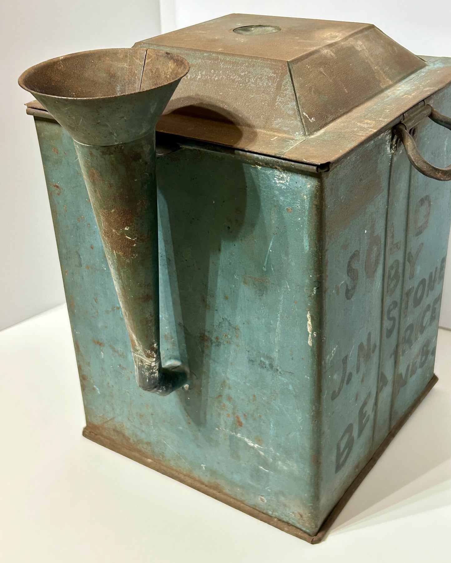 ANTIQUE BLUE PAINTED TIN ADVERTISING KEROSENE DISPENSER