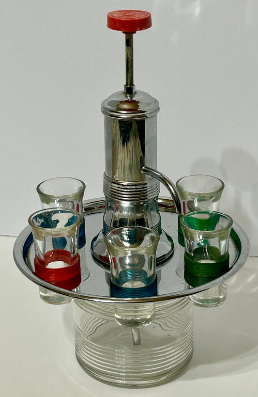 MID CENTURY AND DECO CORDIAL CHROME PUMP DRINK DISPENSER WITH GLASSES