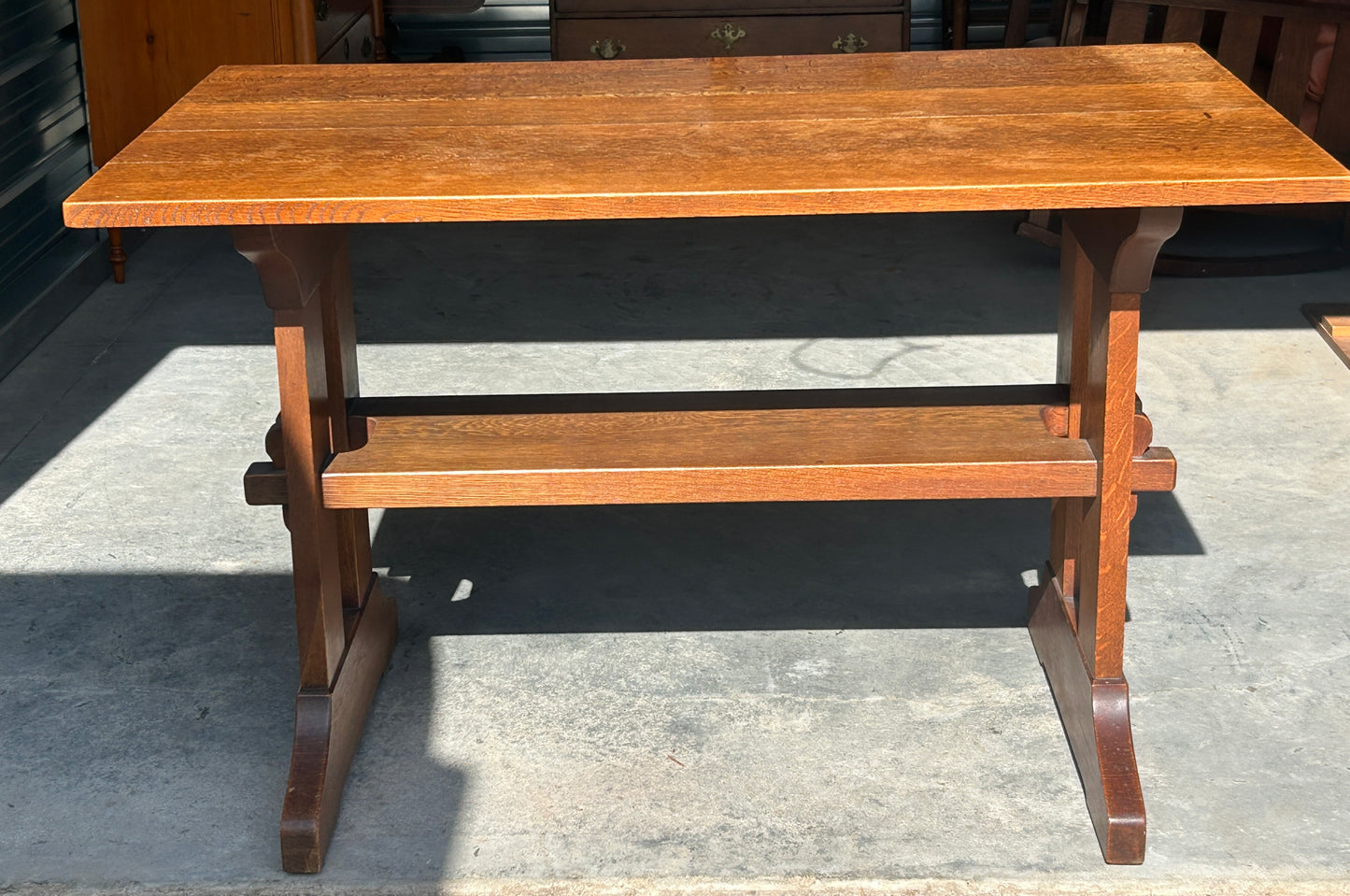 STICKLEY OAK TRESTLE TABLE WITH ORIGINAL FINISH