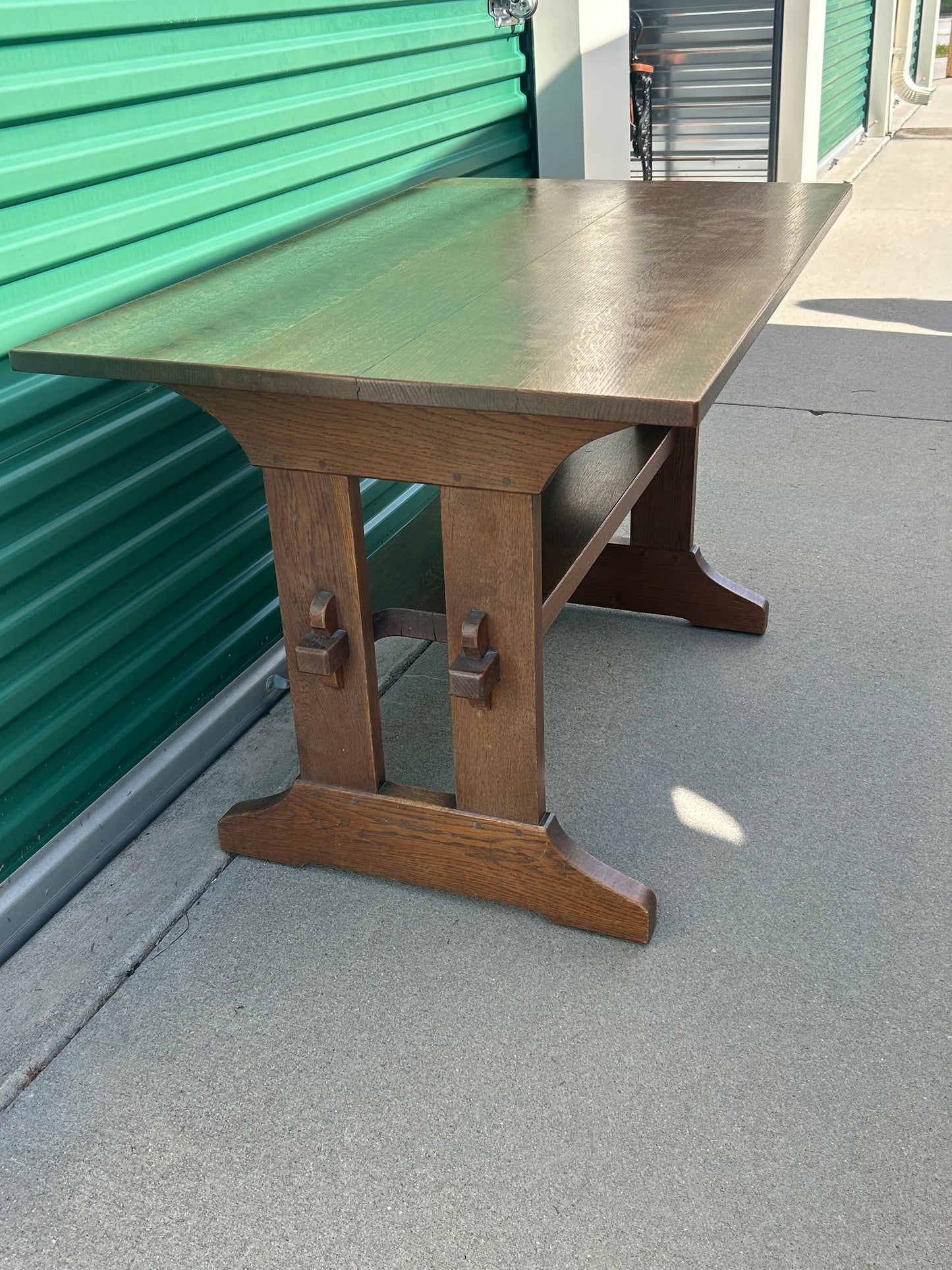 STICKLEY OAK TRESTLE TABLE WITH ORIGINAL FINISH