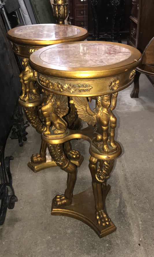 ANTIQUE GILT PAIR SMALL STANDS WITH FEMALE WINGED FIGURES