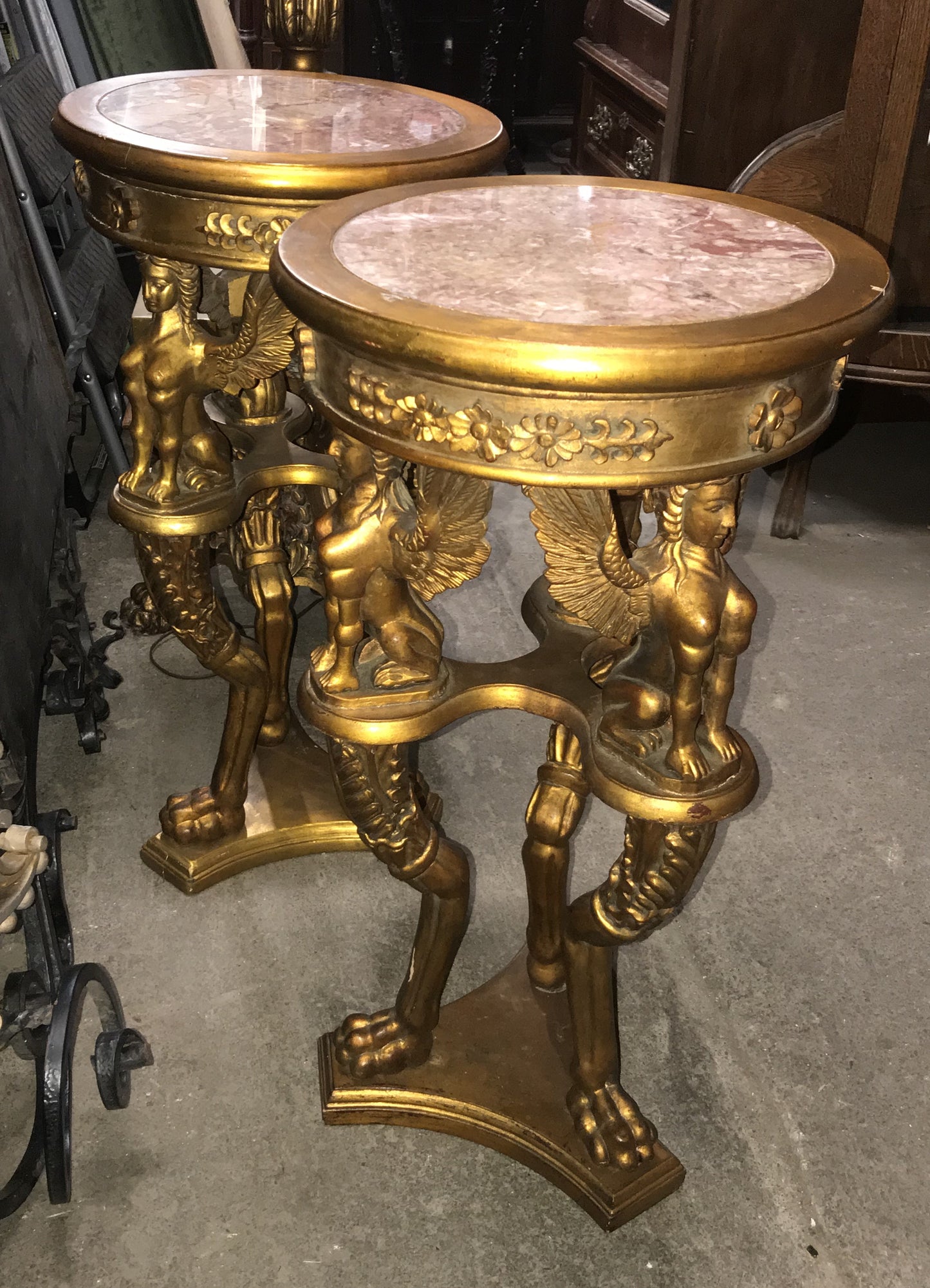 ANTIQUE GILT PAIR SMALL STANDS WITH FEMALE WINGED FIGURES