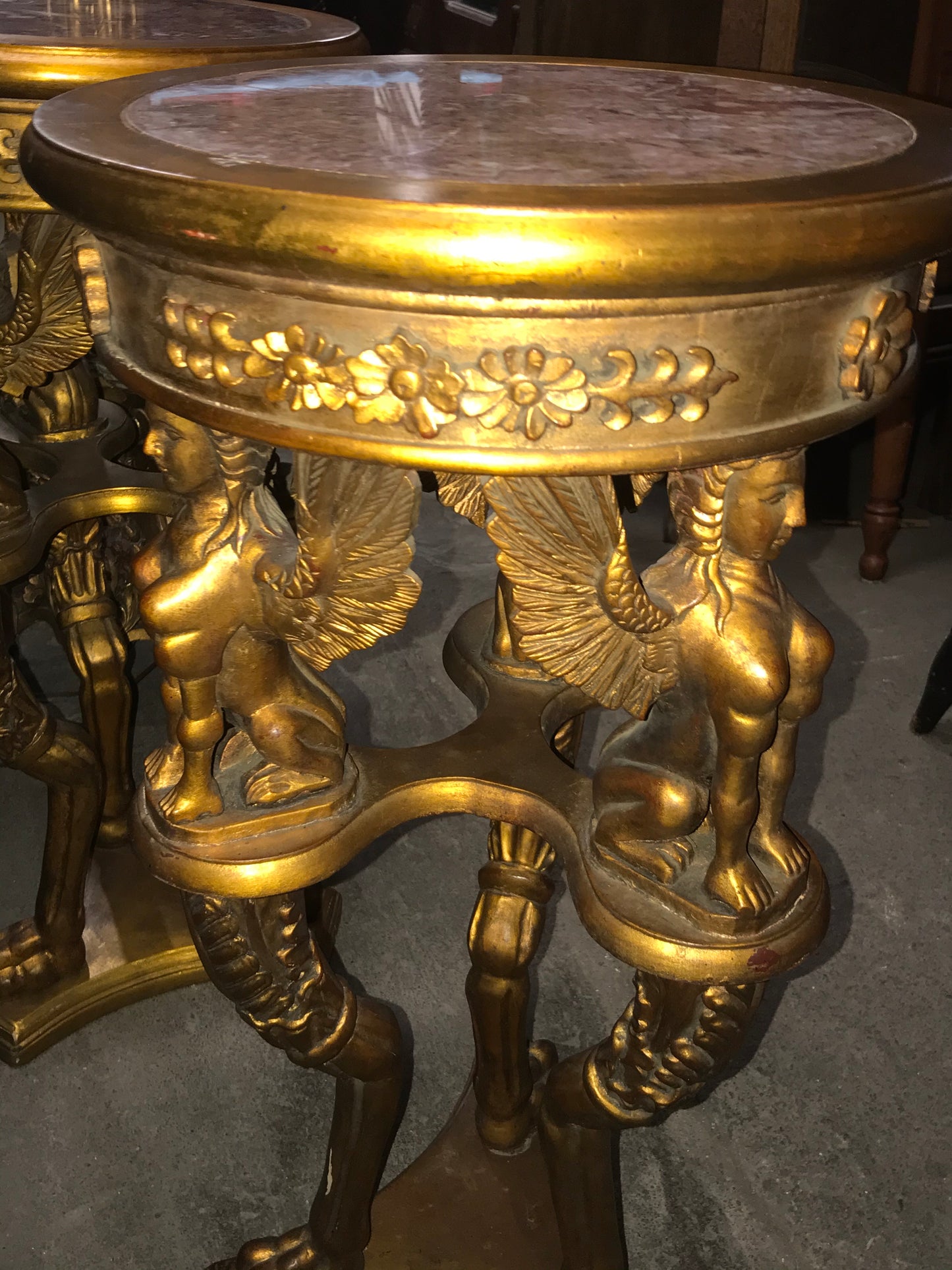 ANTIQUE GILT PAIR SMALL STANDS WITH FEMALE WINGED FIGURES
