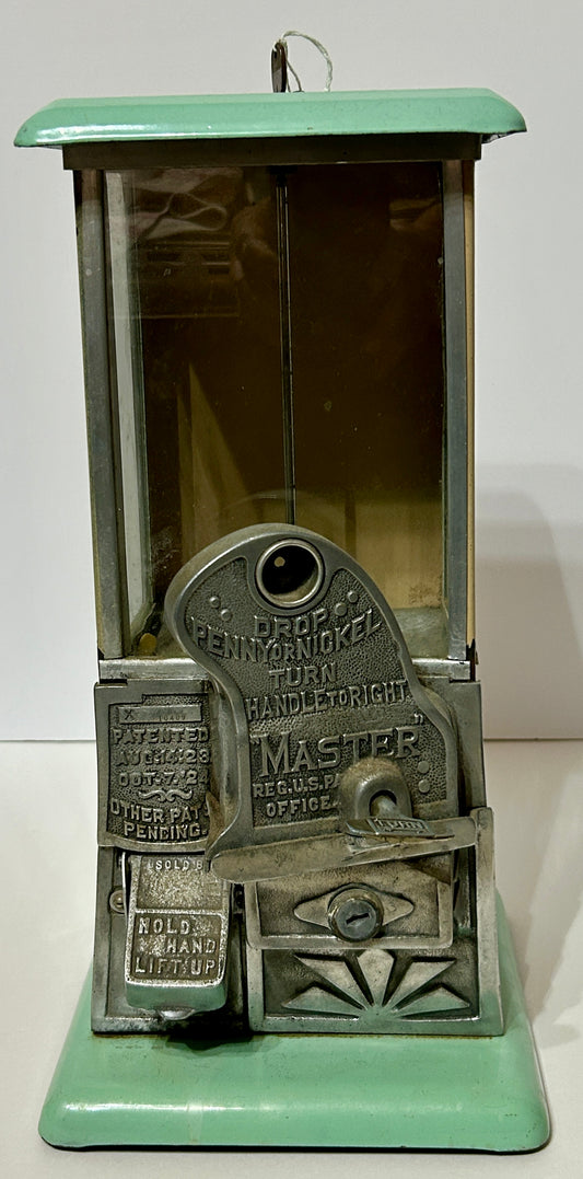 MASTER'S GOOSENECK VENDING MACHINE PENNY OR NICKEL OPERATED GREEN AND TAN ENAMELED