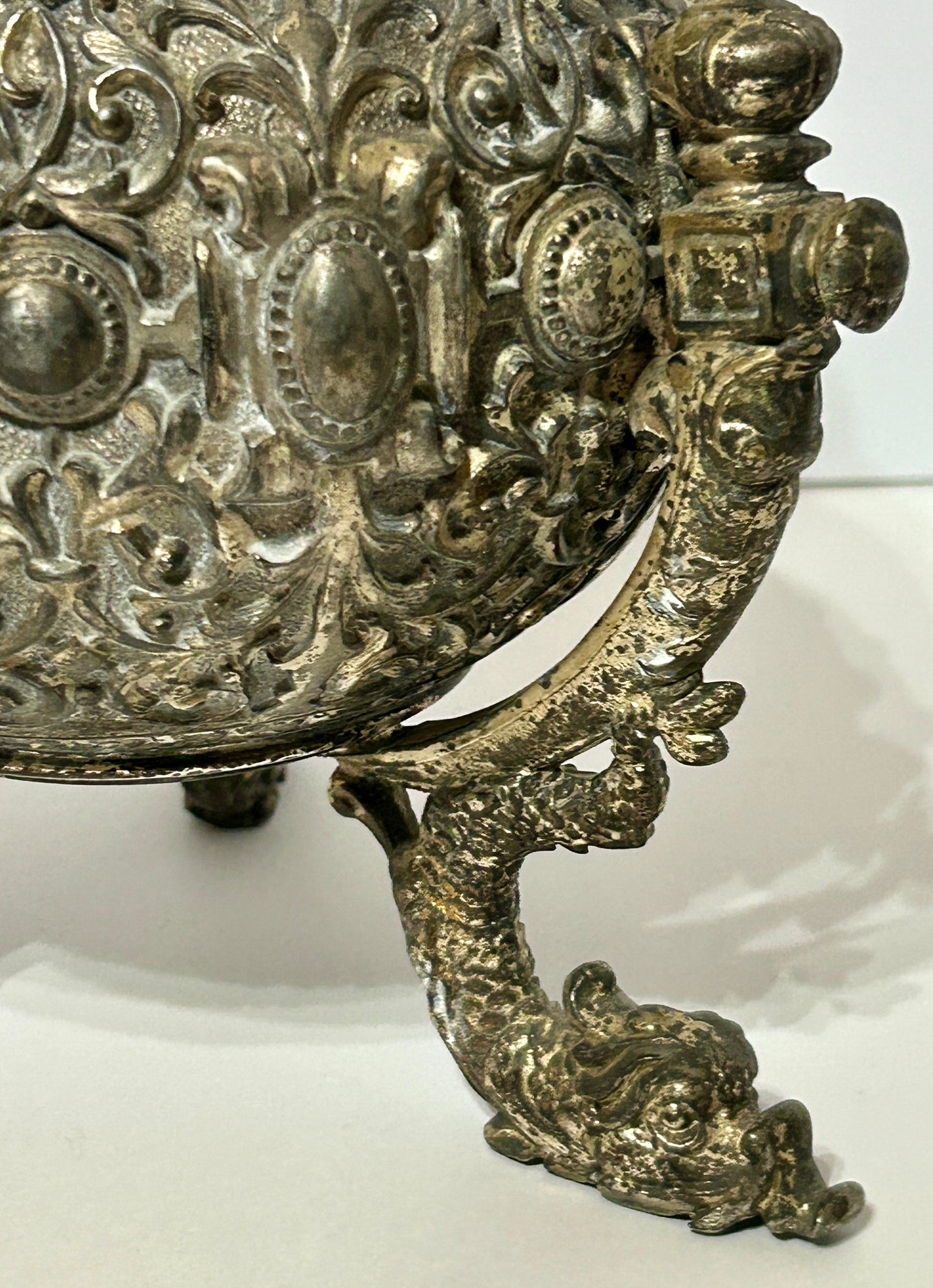 BRADLEY AND HUBBARD OIL LAMP BASE WITH FANCY EMBOSSED METAL DESIGN WITH SEA CREATURE LEGS