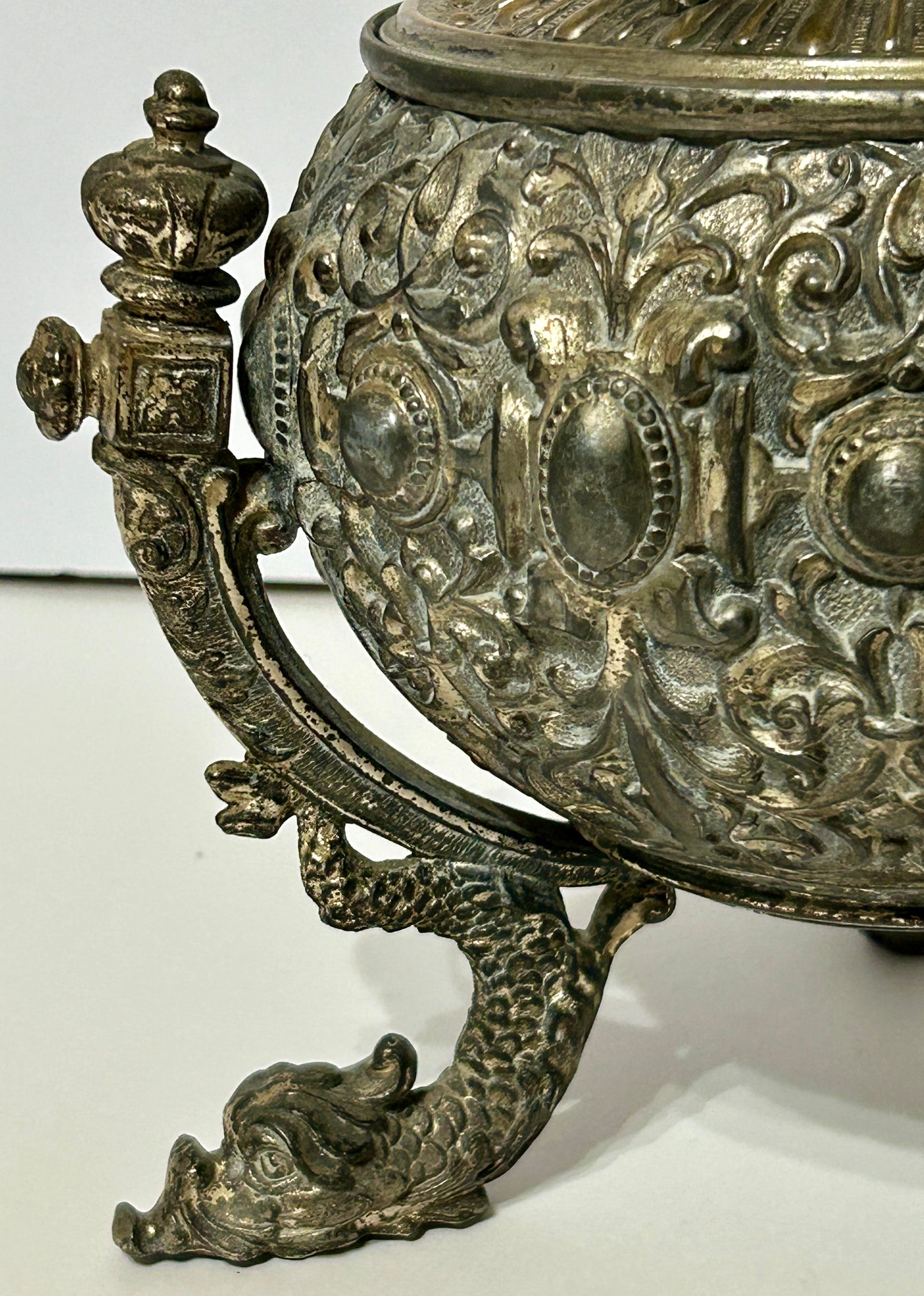 BRADLEY AND HUBBARD OIL LAMP BASE WITH FANCY EMBOSSED METAL DESIGN WITH SEA CREATURE LEGS