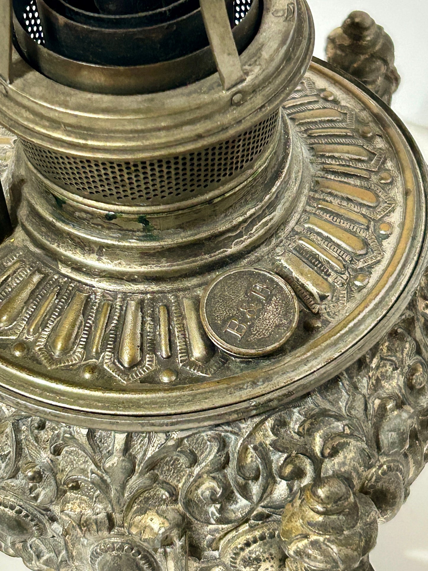 BRADLEY AND HUBBARD OIL LAMP BASE WITH FANCY EMBOSSED METAL DESIGN WITH SEA CREATURE LEGS