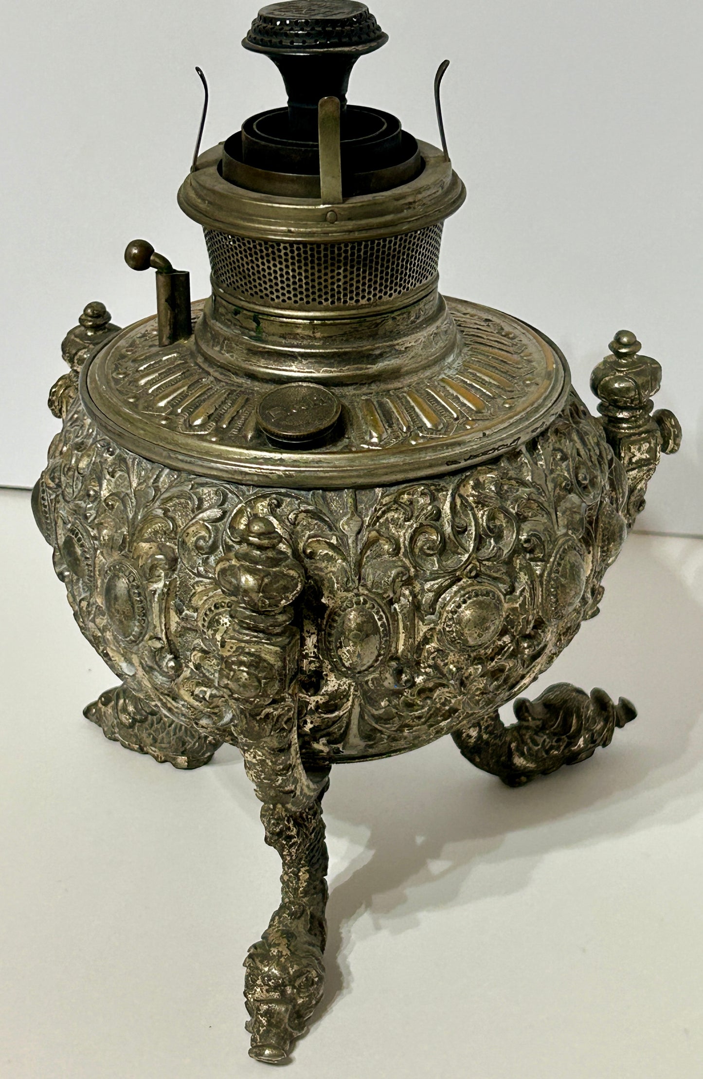 BRADLEY AND HUBBARD OIL LAMP BASE WITH FANCY EMBOSSED METAL DESIGN WITH SEA CREATURE LEGS