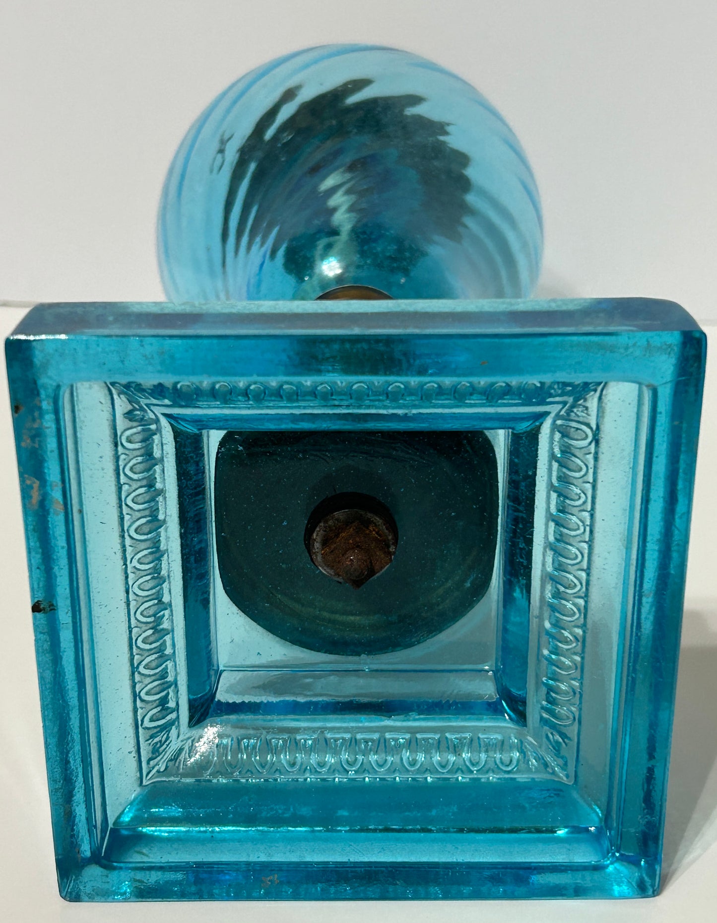 ANTIQUE BLUE SWIRL GLASS 1870'S OIL LAMP