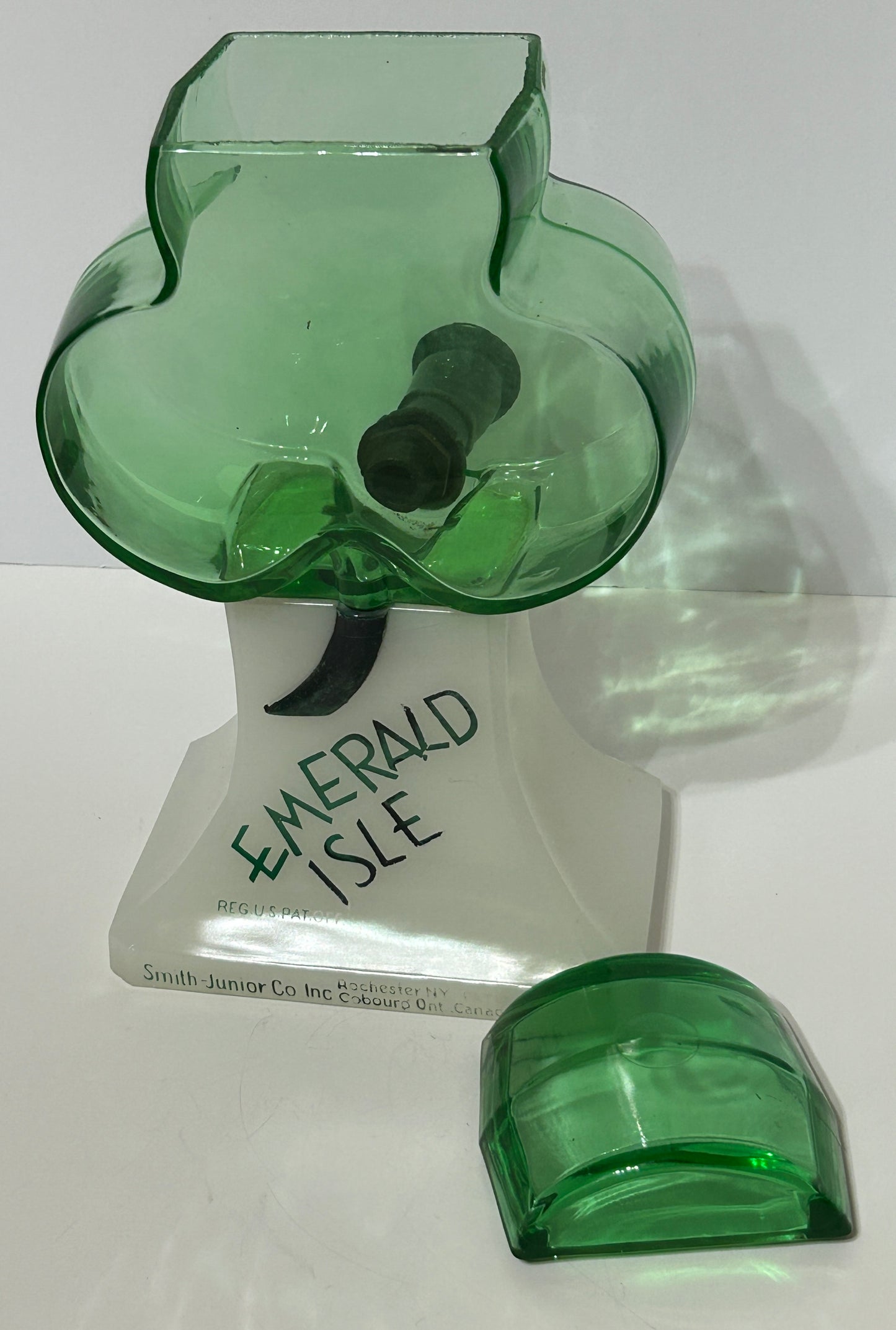 EMERALD ISLE SHAMROCK SHAPE FIGURAL GLASS STORE DISPENSER
