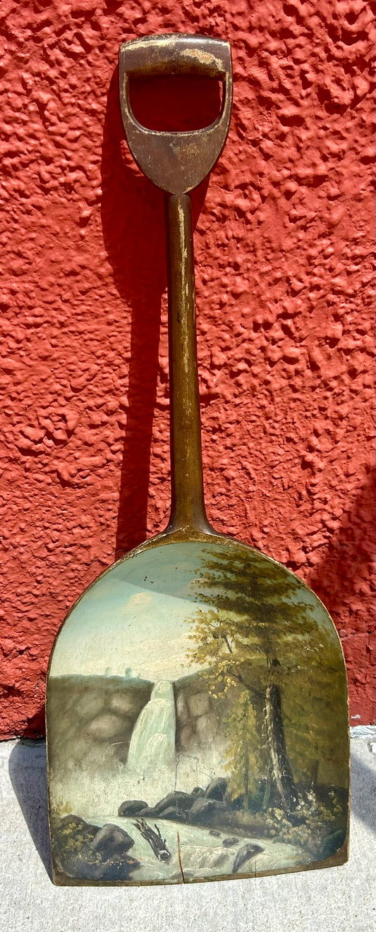 ANTIQUE WOODEN GRAIN SHOVEL WITH PAINTED SCENE