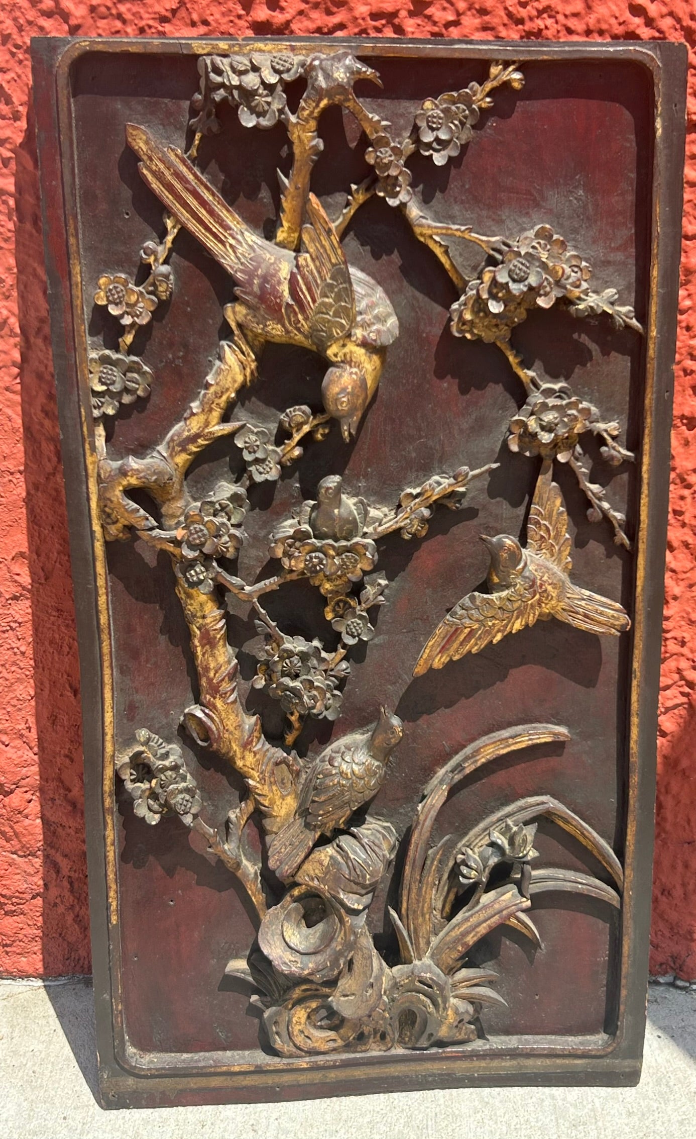 CHINESE ANTIQUE CARVED PANEL WITH BIRDS