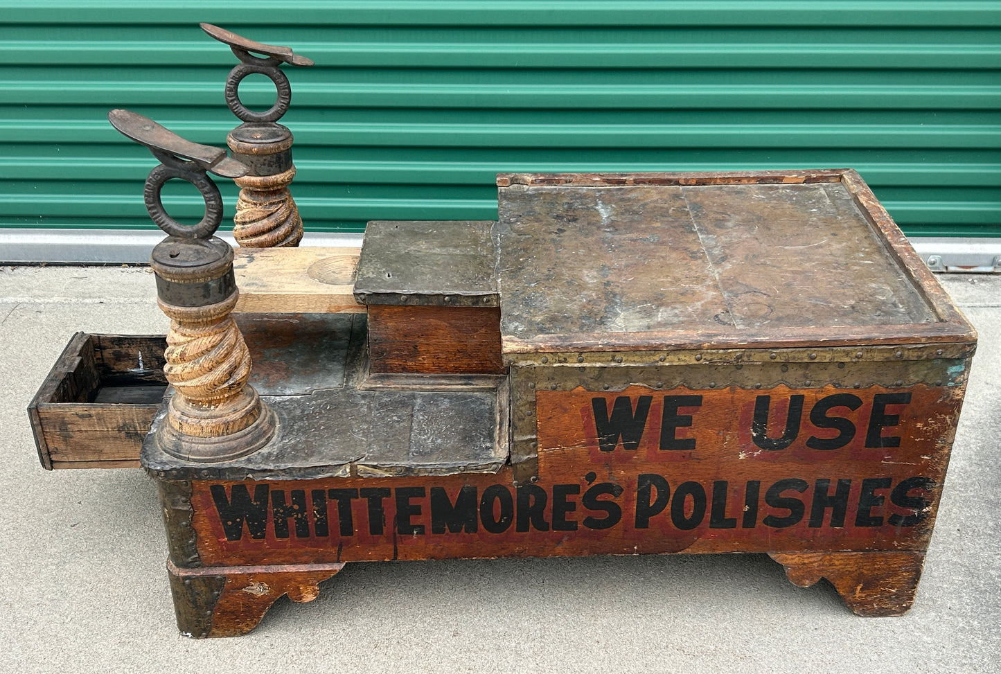 WHITTEMORE'S POLISH SHOE SHINE ADVERTISING STAND ANTIQUE, WOULD MAKE INTERESTING COFFEE TABLE