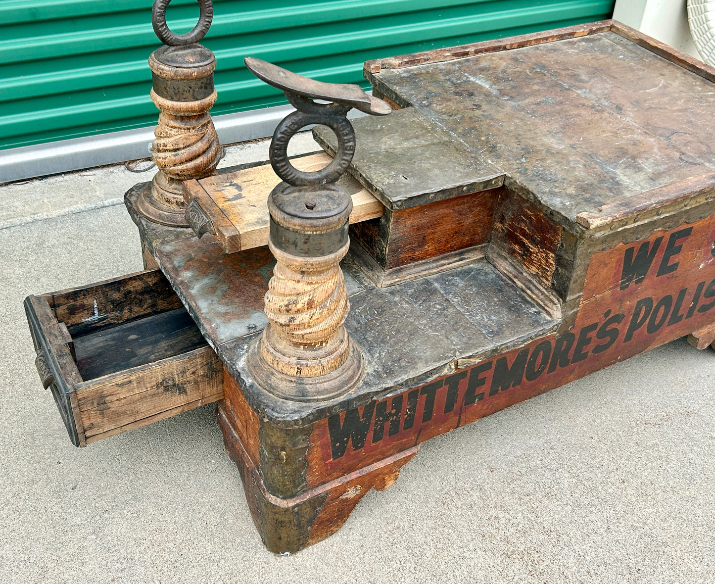 WHITTEMORE'S POLISH SHOE SHINE ADVERTISING STAND ANTIQUE, WOULD MAKE INTERESTING COFFEE TABLE