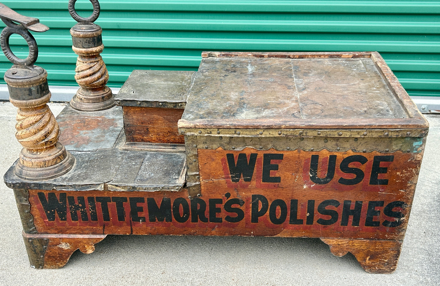 WHITTEMORE'S POLISH SHOE SHINE ADVERTISING STAND ANTIQUE, WOULD MAKE INTERESTING COFFEE TABLE