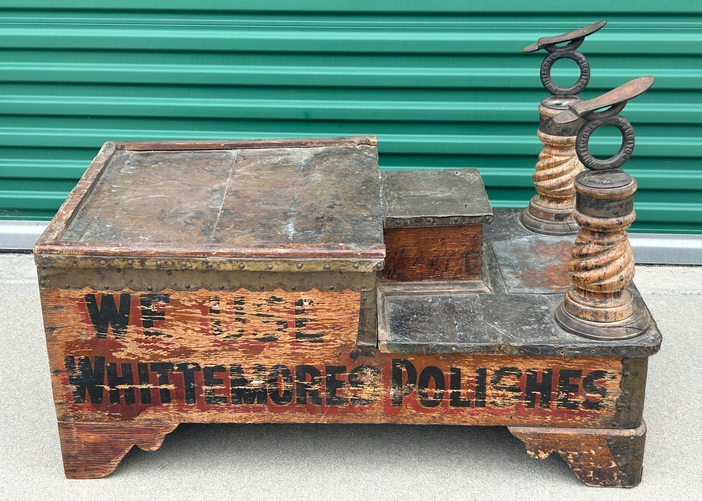 WHITTEMORE'S POLISH SHOE SHINE ADVERTISING STAND ANTIQUE, WOULD MAKE INTERESTING COFFEE TABLE
