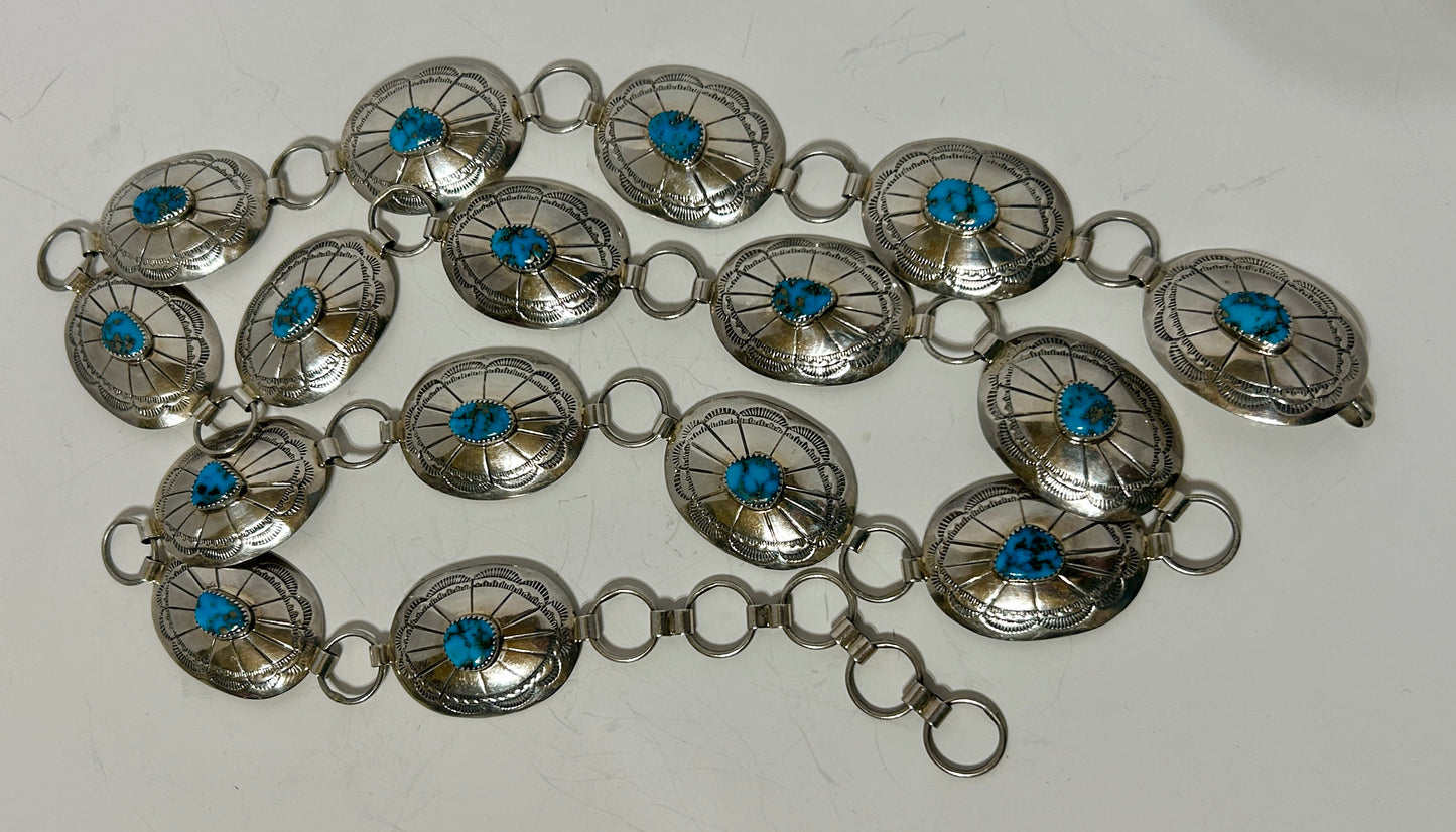TURQUOISE AND SILVER NATIVE AMERICAN BELT MARKED I H M J