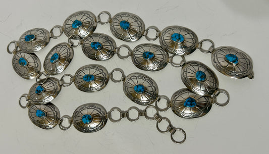 TURQUOISE AND SILVER NATIVE AMERICAN BELT MARKED I H M J
