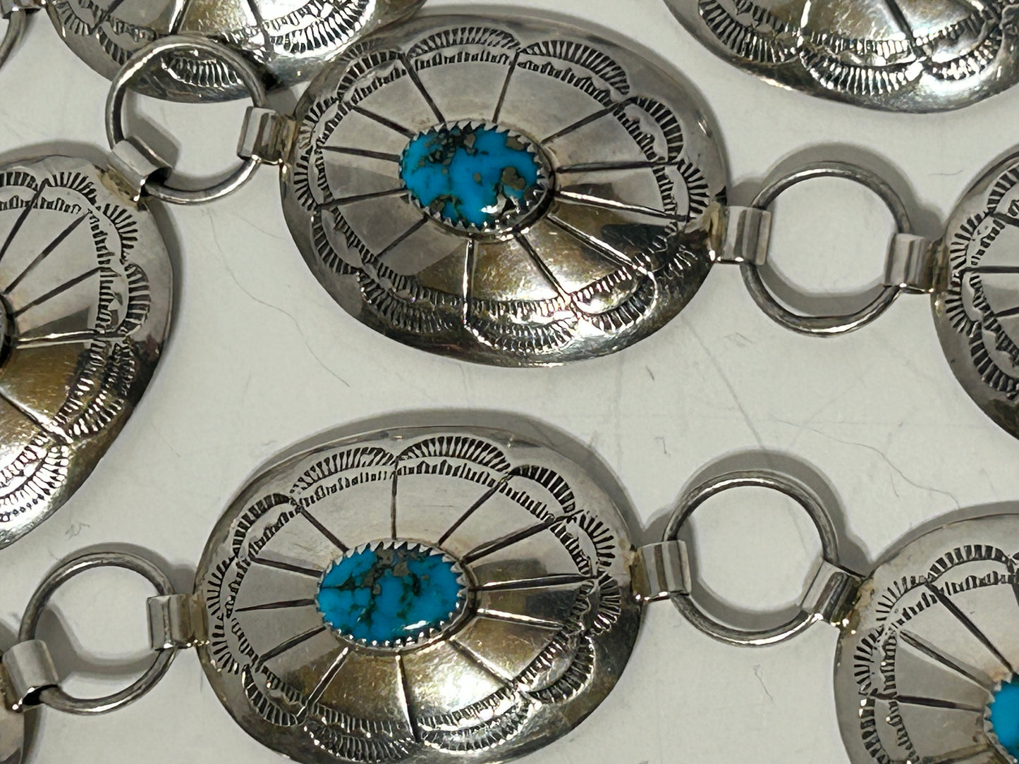 TURQUOISE AND SILVER NATIVE AMERICAN BELT MARKED I H M J