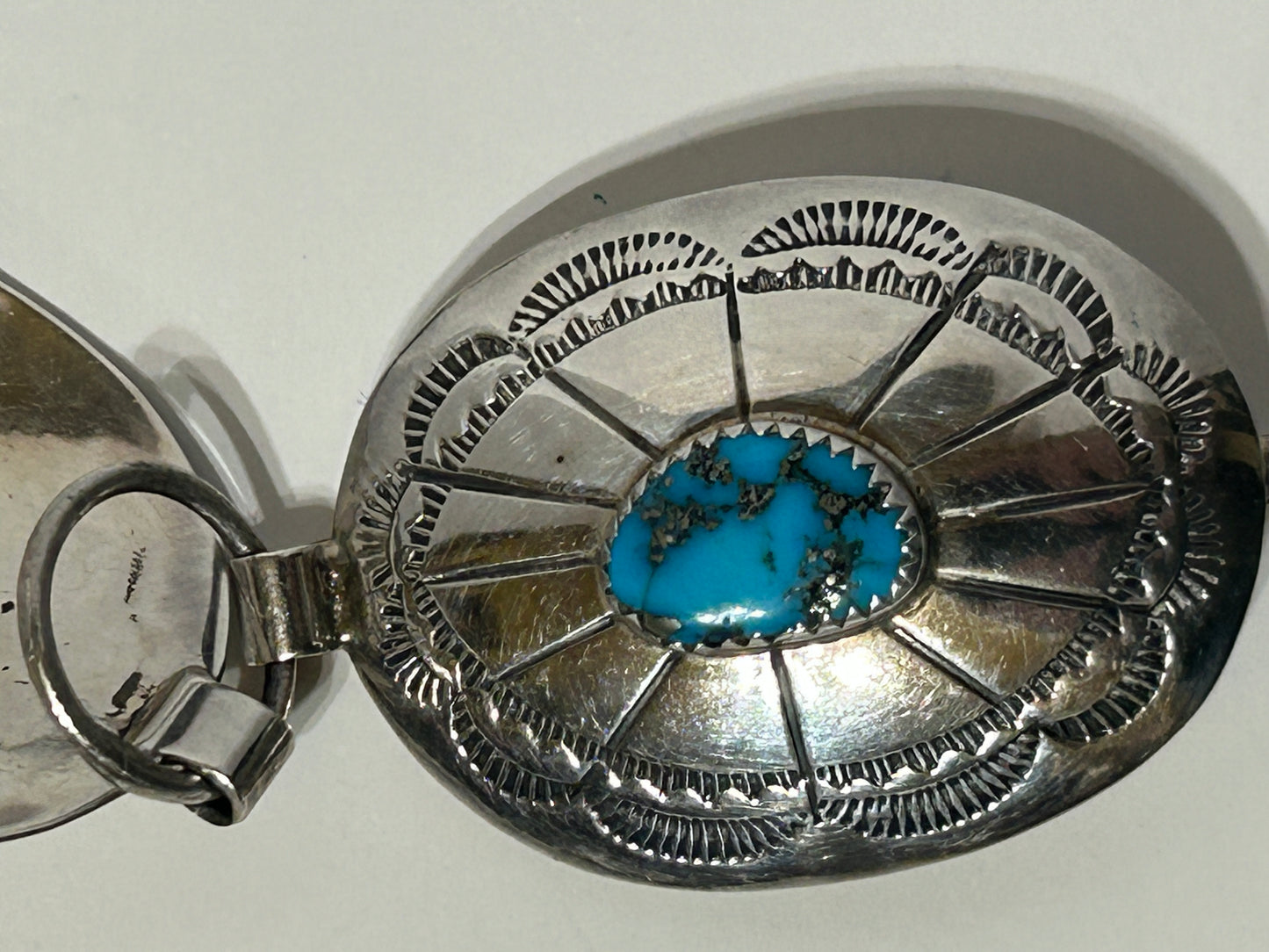 TURQUOISE AND SILVER NATIVE AMERICAN BELT MARKED I H M J