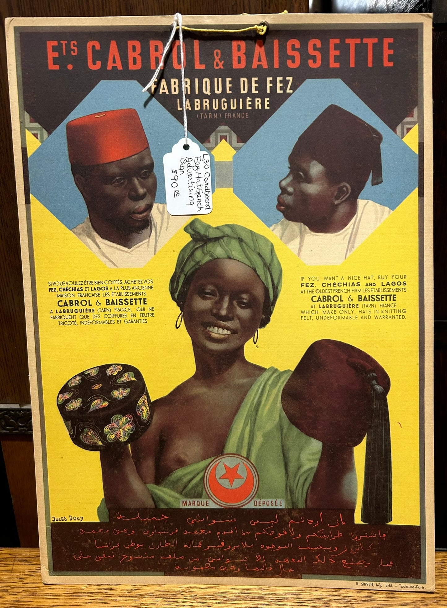 FRENCH ADVERTISING CARDBOARD SIGN FOR FETZ HAT