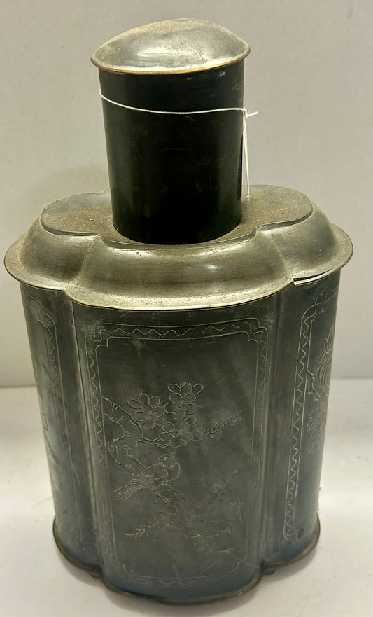 ORIENTAL ANTIQUE PEWTER LARGE TEA CADDY