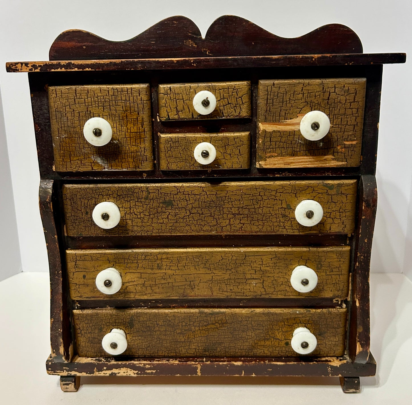 ANTIQUE EARLY SEVEN DRAWER PAINT DECORATED SMALL CABINET