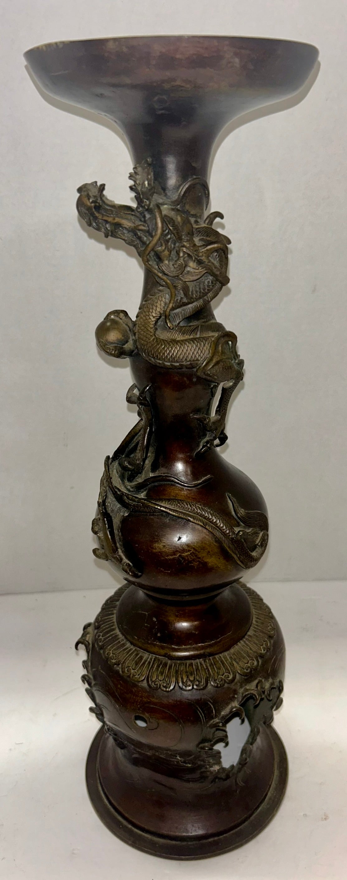 JAPANESE ANTIQUE BRONZE BASE WITH DRAGON DESIGN