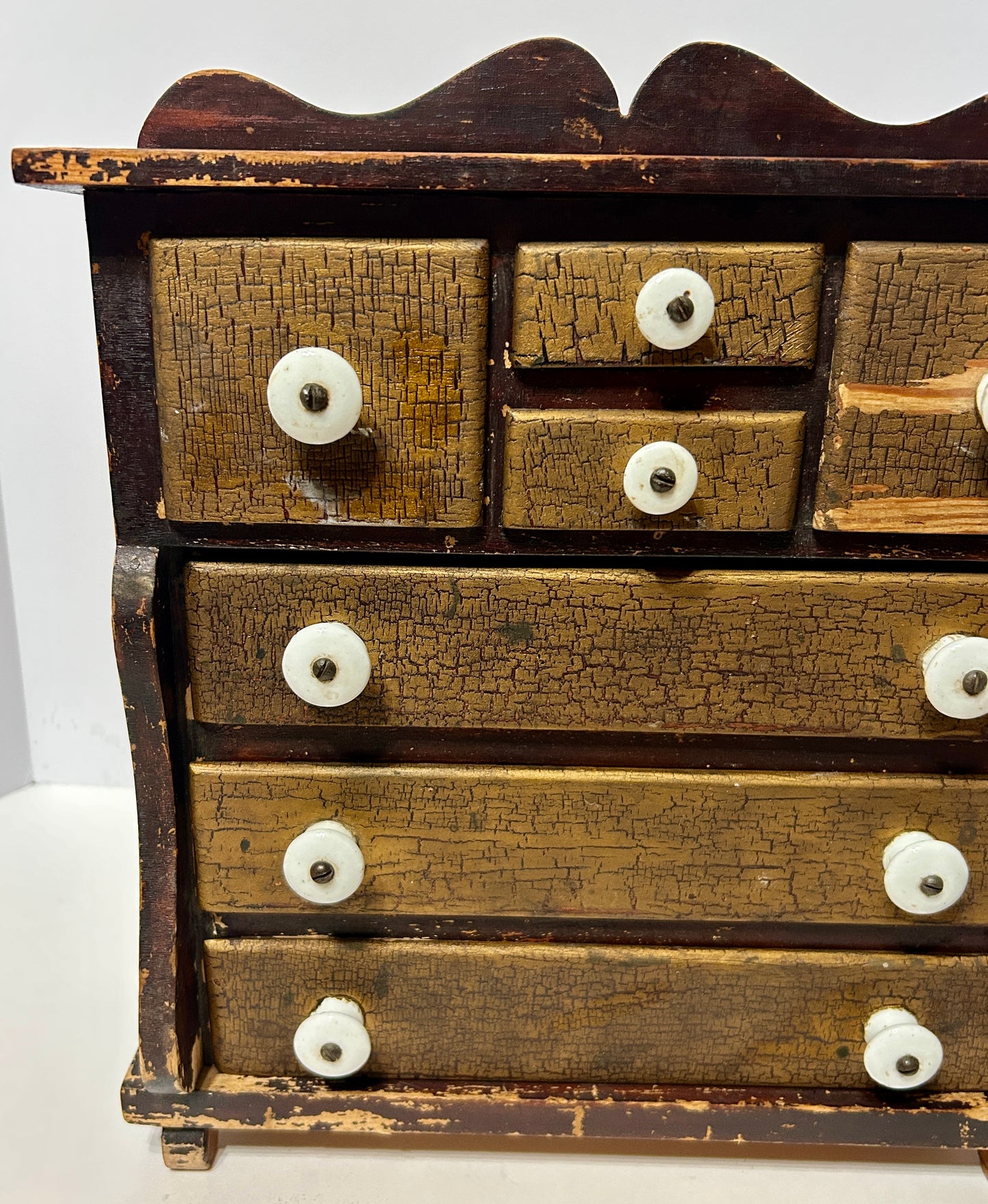 ANTIQUE EARLY SEVEN DRAWER PAINT DECORATED SMALL CABINET