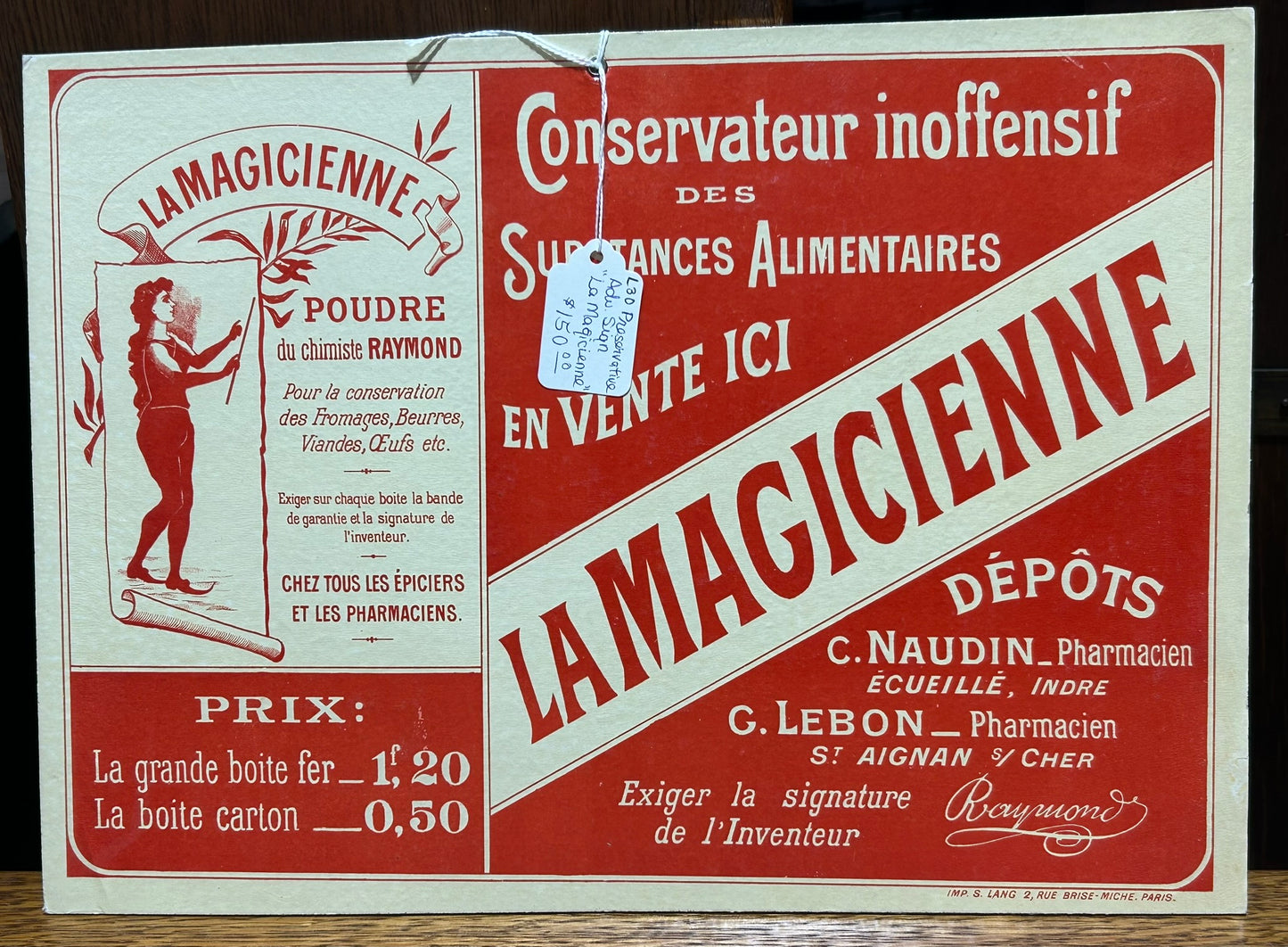 FRENCH PRESERVATIVE ADVERTISING CARDBOARD SIGN "LA MAGICIENNE"