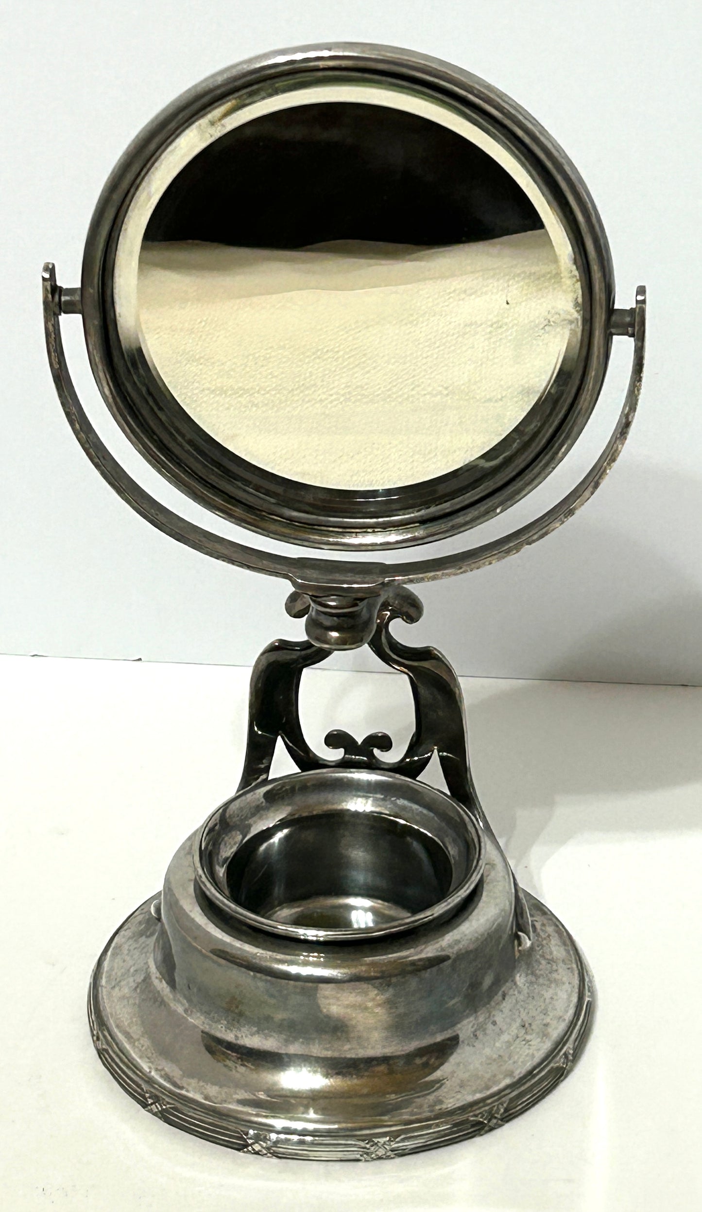 ANTIQUE 1800'S SILVERPLATE SHAVING MIRROR ON STAND