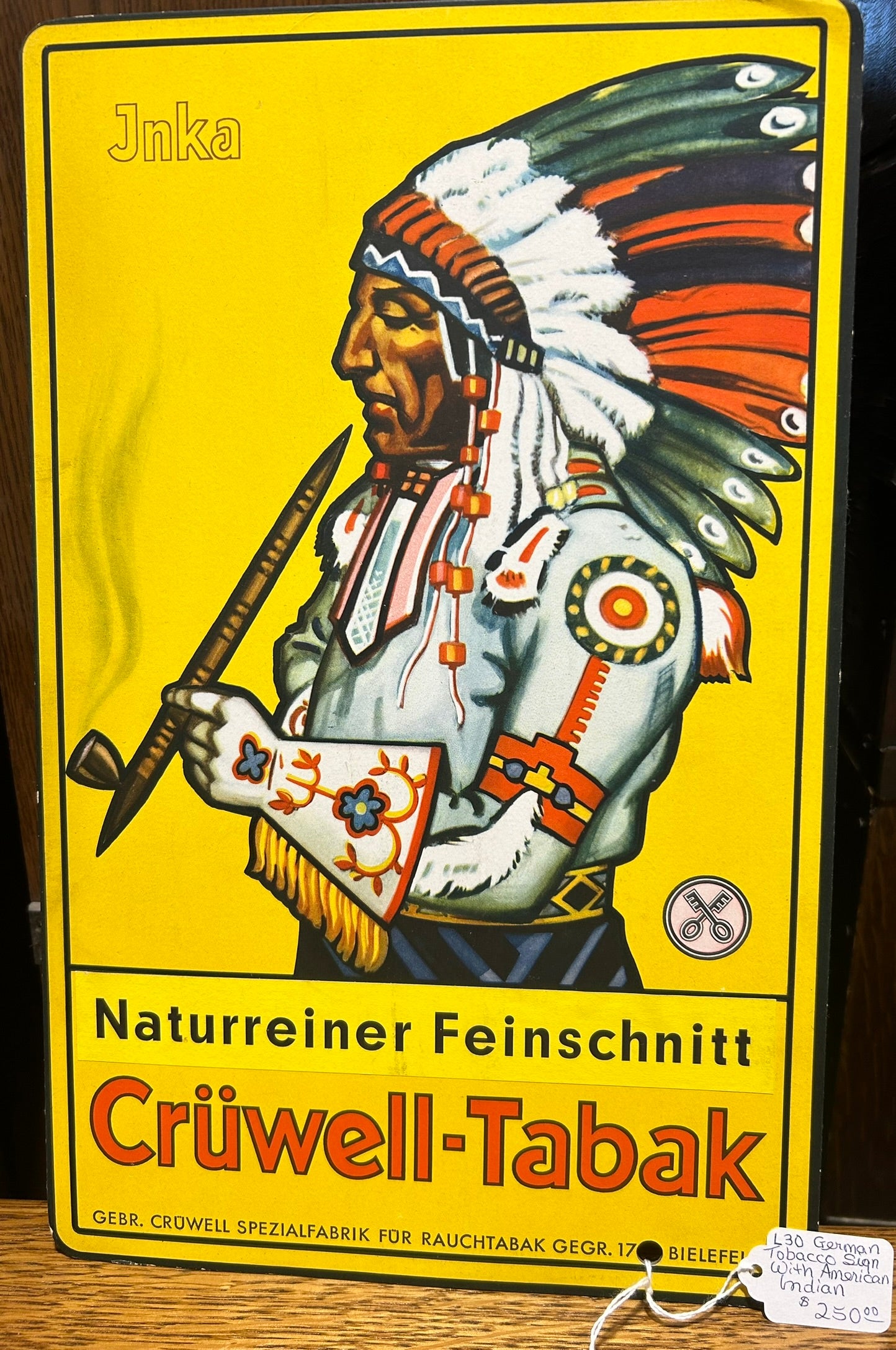 CRUWELL-TABAK GERMAN TOBACCO SIGN WITH AMERICAN INDIAN ILLUSTRATION