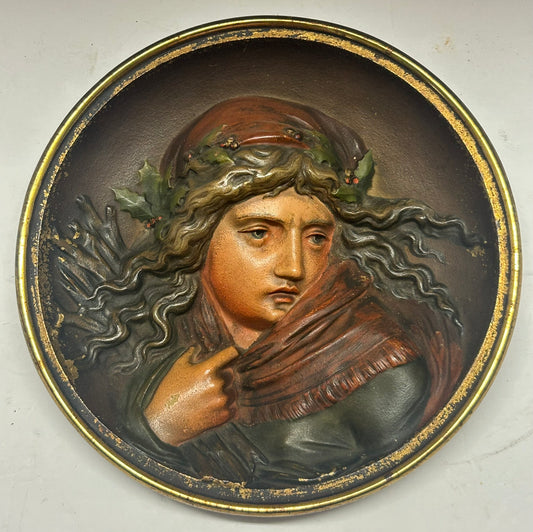 BRADLEY AND HUBBARD CAST IRON ROUND "WINTER" PLAQUE OF GIRL