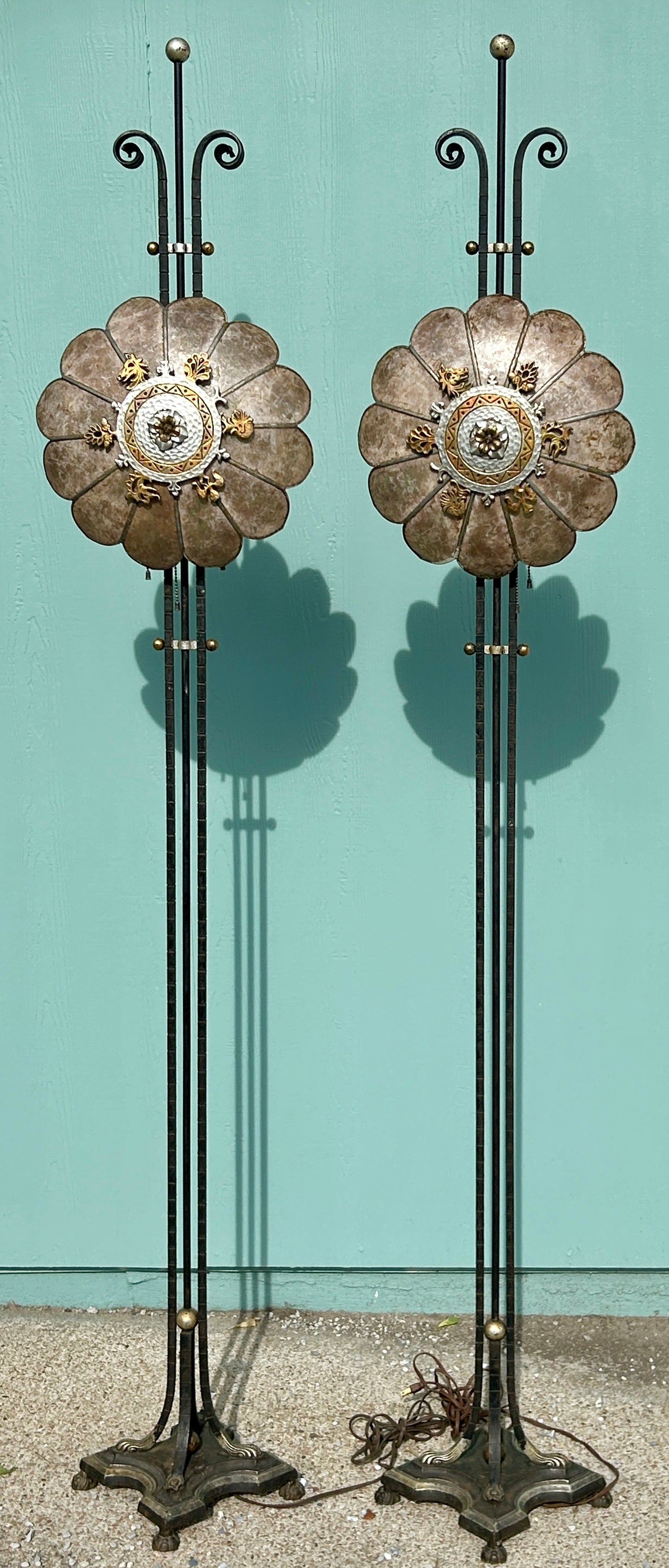 ART DECO PAIR OF CREST FLOOR LAMPS WITH MICA SHADES