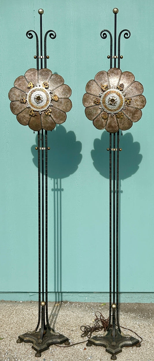 ART DECO PAIR OF CREST FLOOR LAMPS WITH MICA SHADES