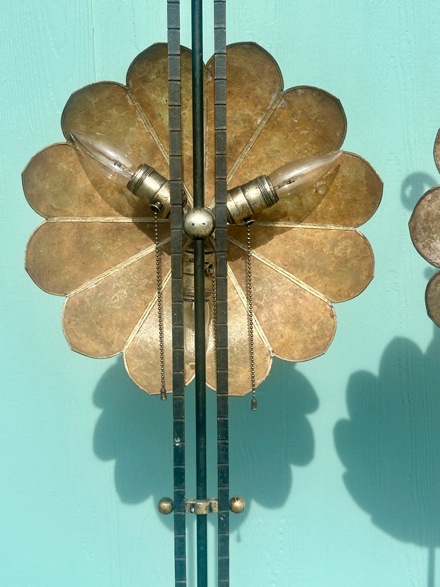 ART DECO PAIR OF CREST FLOOR LAMPS WITH MICA SHADES