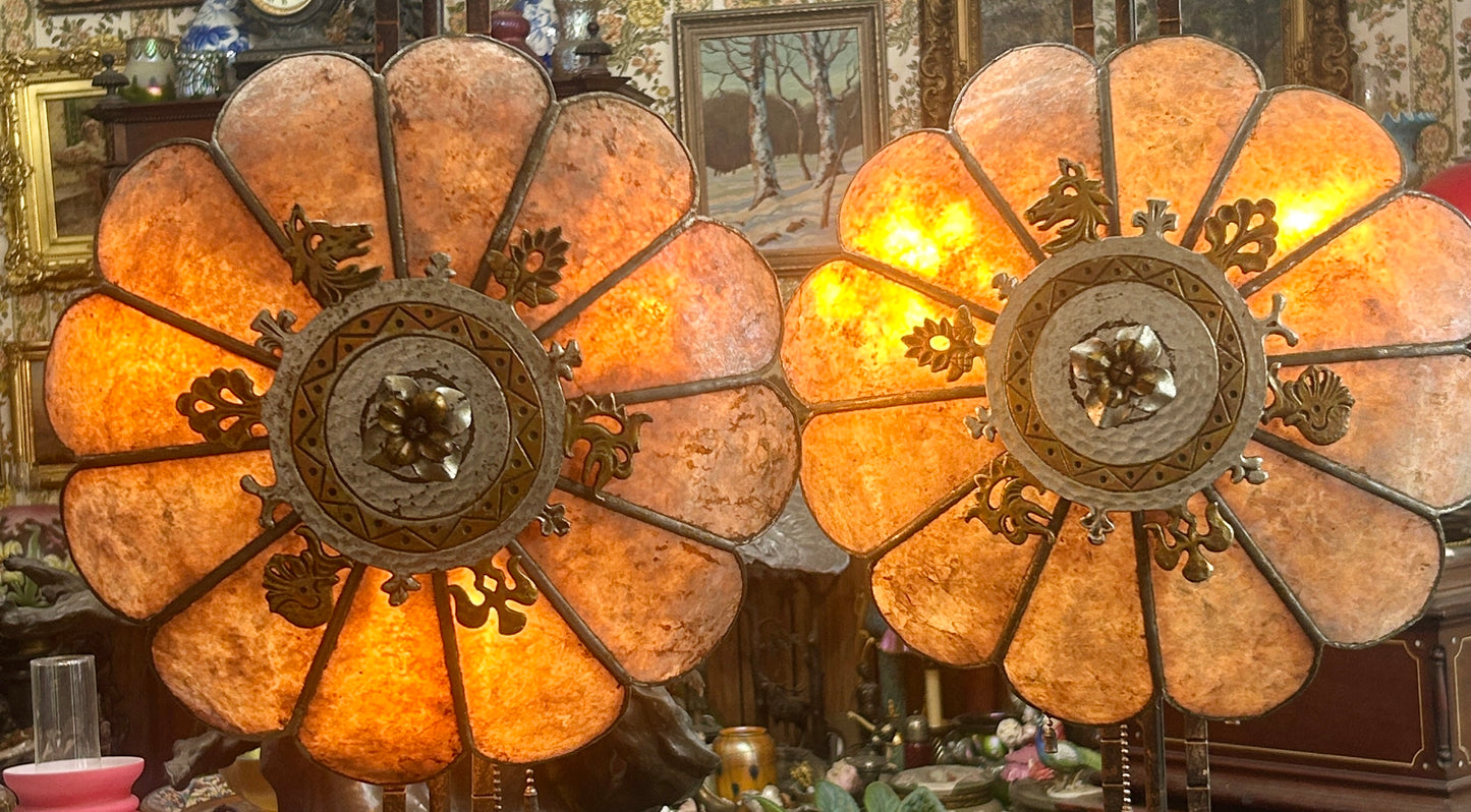 ART DECO PAIR OF CREST FLOOR LAMPS WITH MICA SHADES