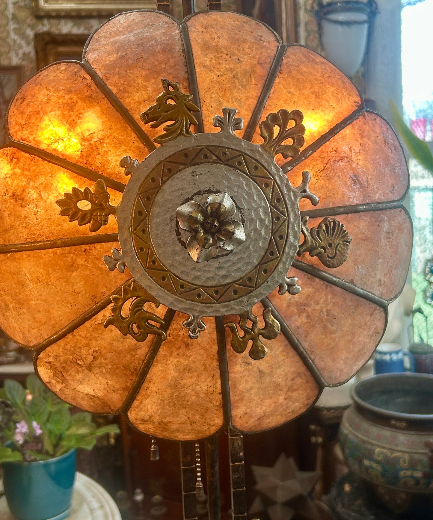 ART DECO PAIR OF CREST FLOOR LAMPS WITH MICA SHADES