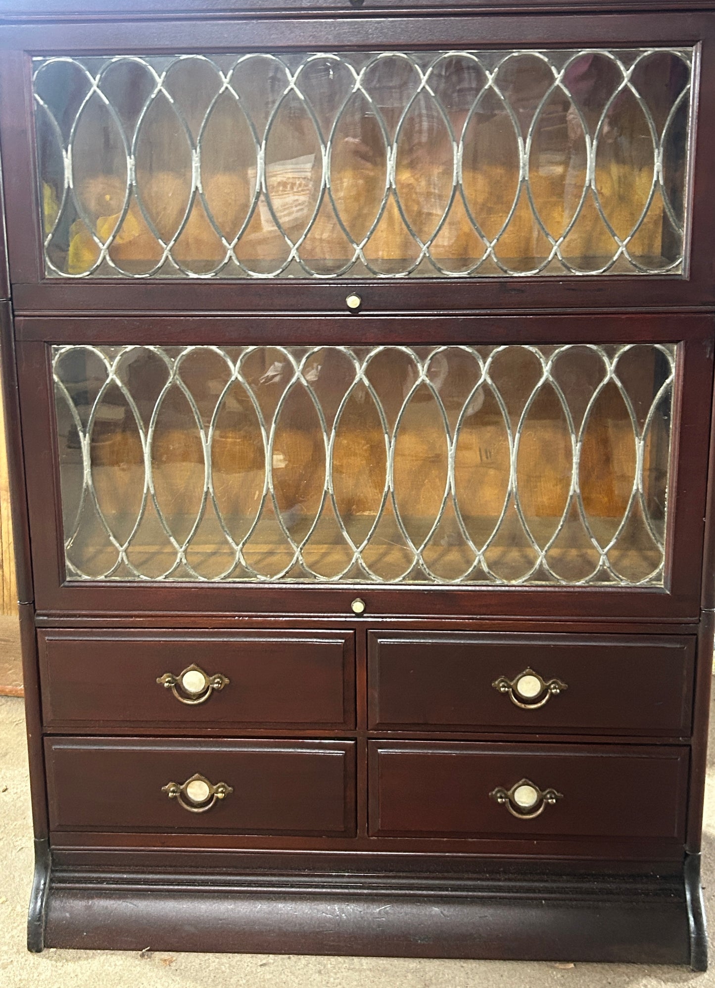 GUNN MAHOGANY STACK BOOKCASE WITH LEADED GLASS AND DRAWERS