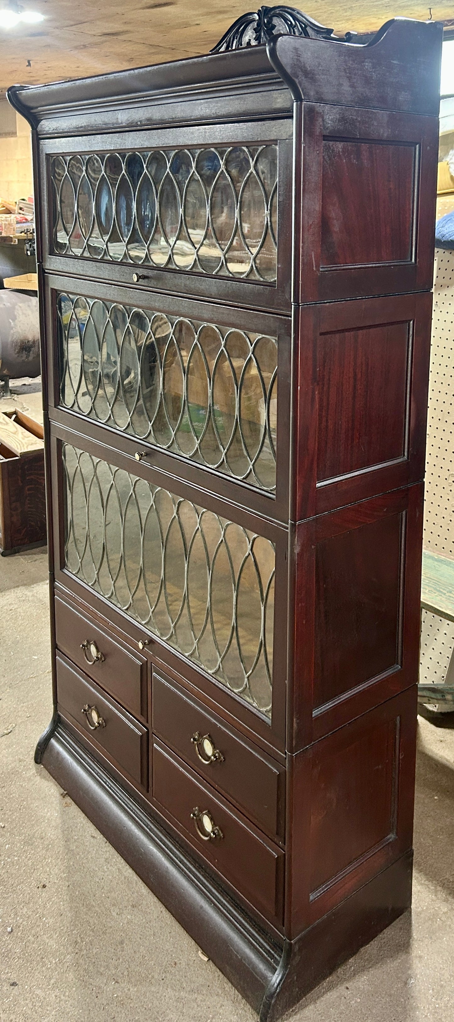 GUNN MAHOGANY STACK BOOKCASE WITH LEADED GLASS AND DRAWERS