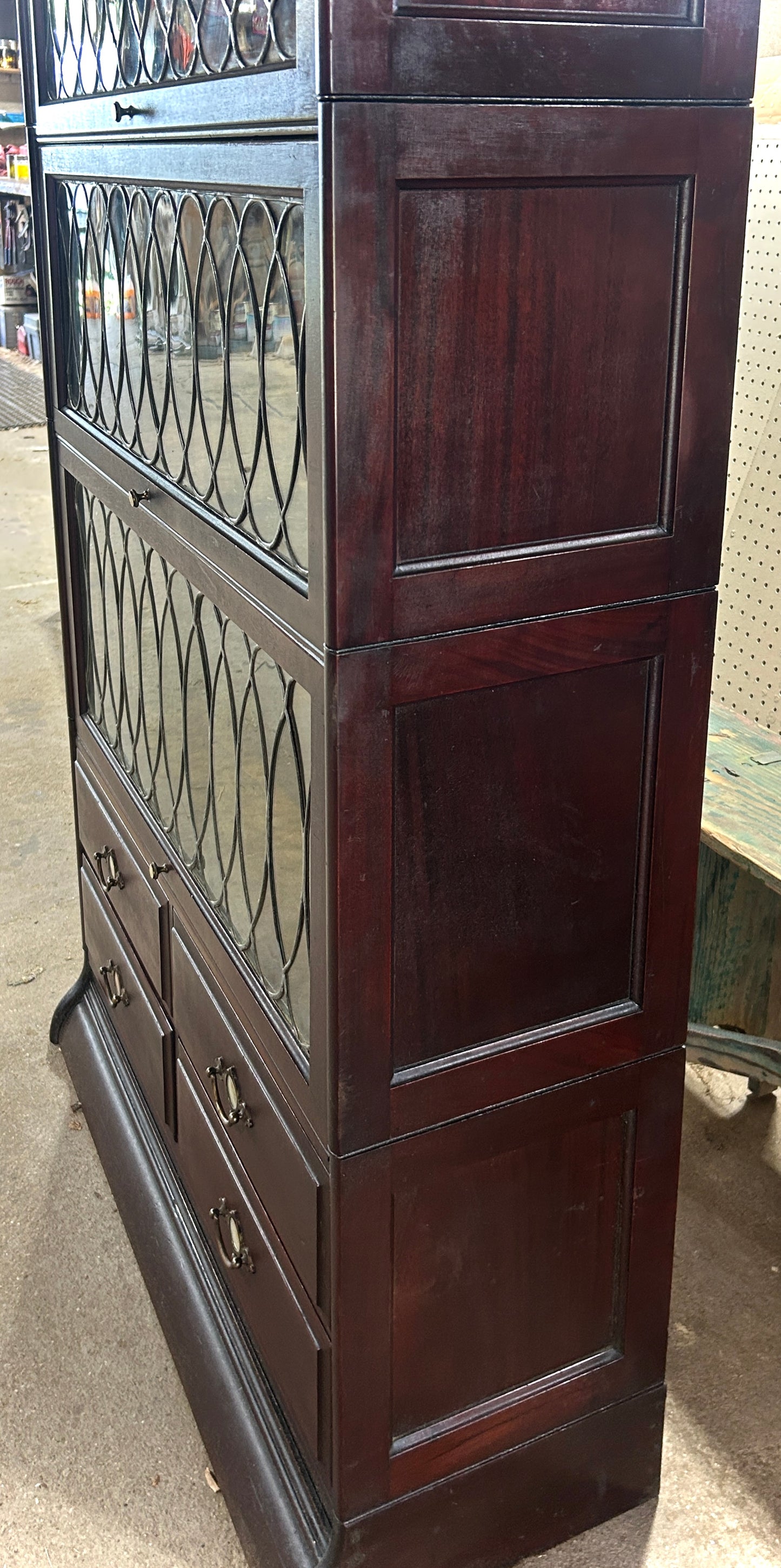 GUNN MAHOGANY STACK BOOKCASE WITH LEADED GLASS AND DRAWERS